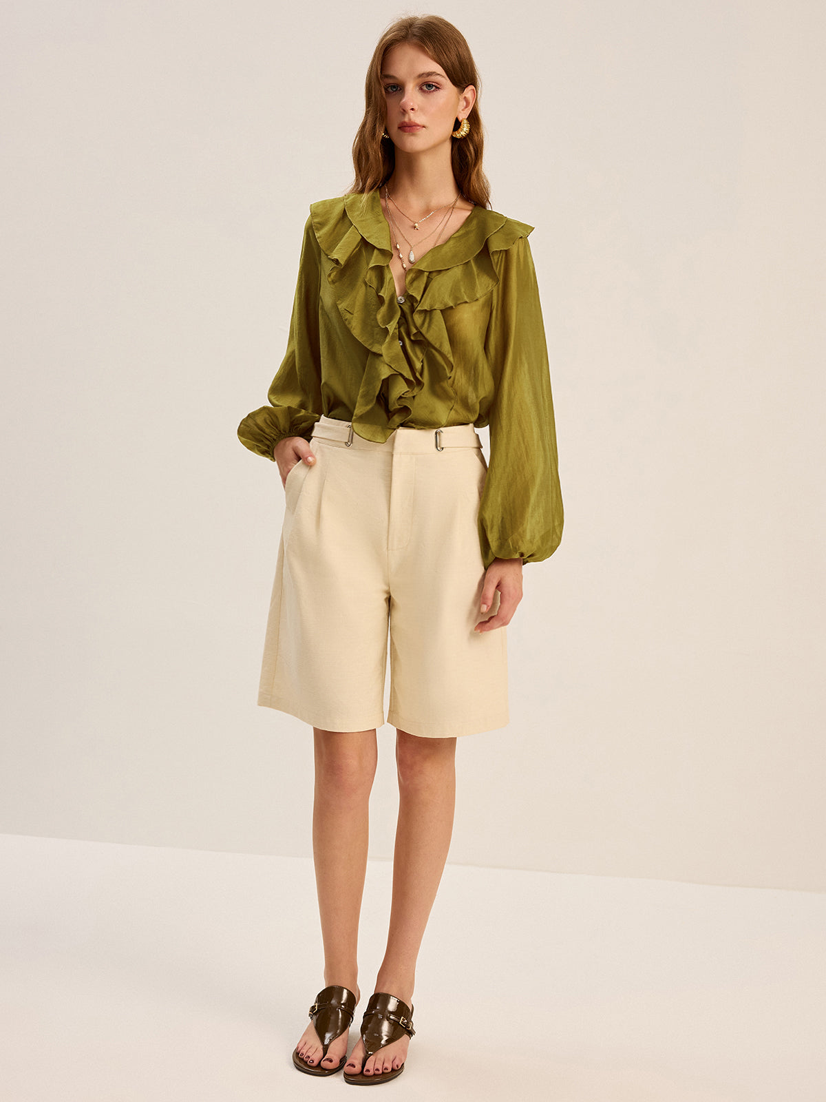 Semi-Sheer Tencel Ruffle Blouse