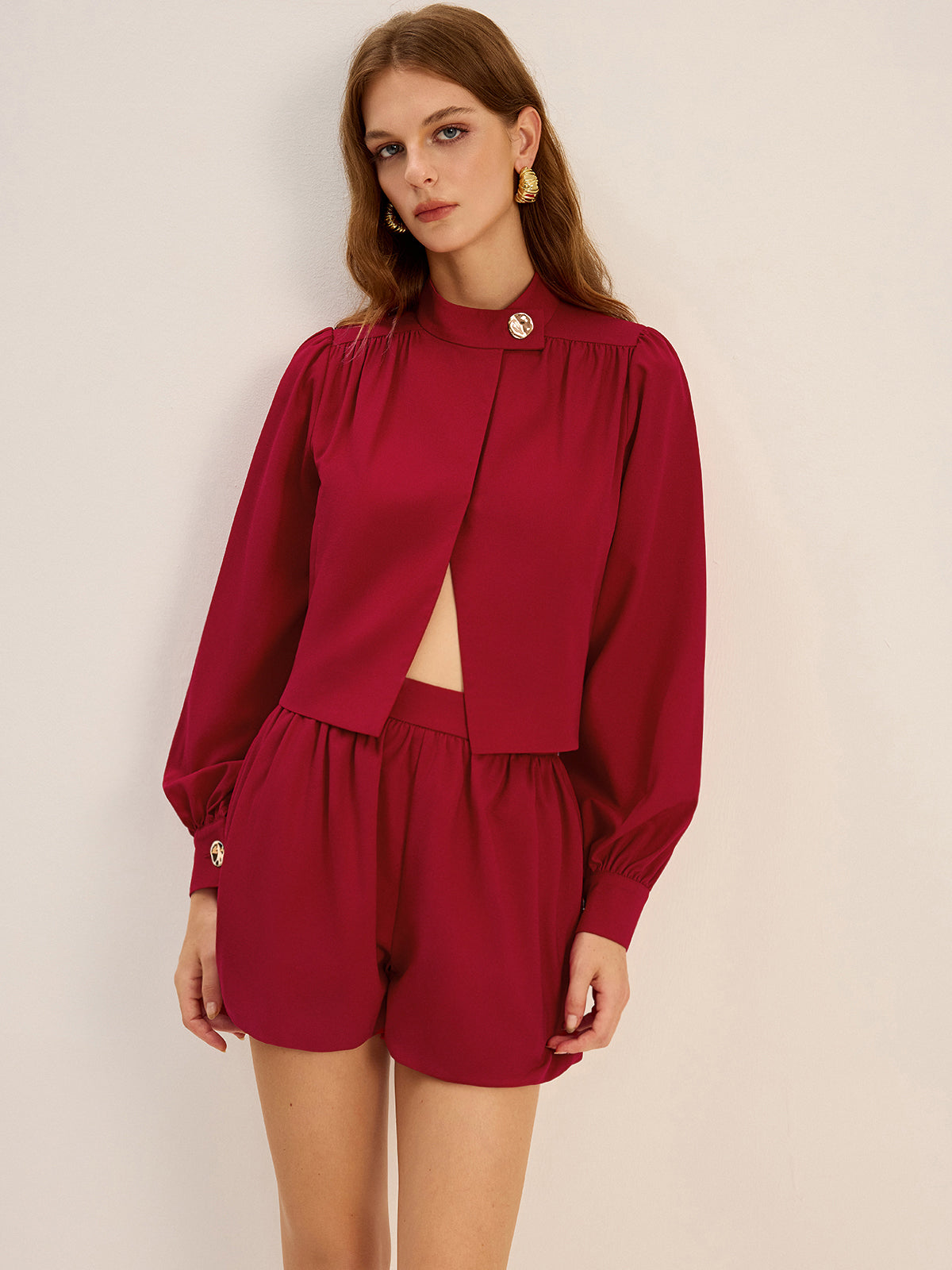 Metal Button Asymmetric Long-Sleeve Top