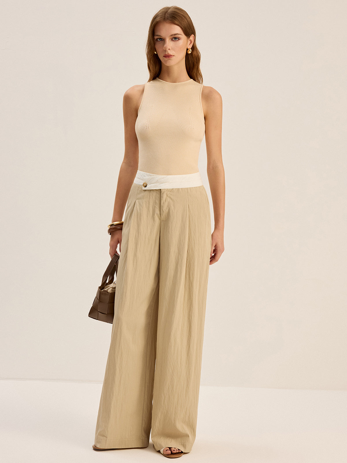 Contrast Waistband Wide-Leg Pants