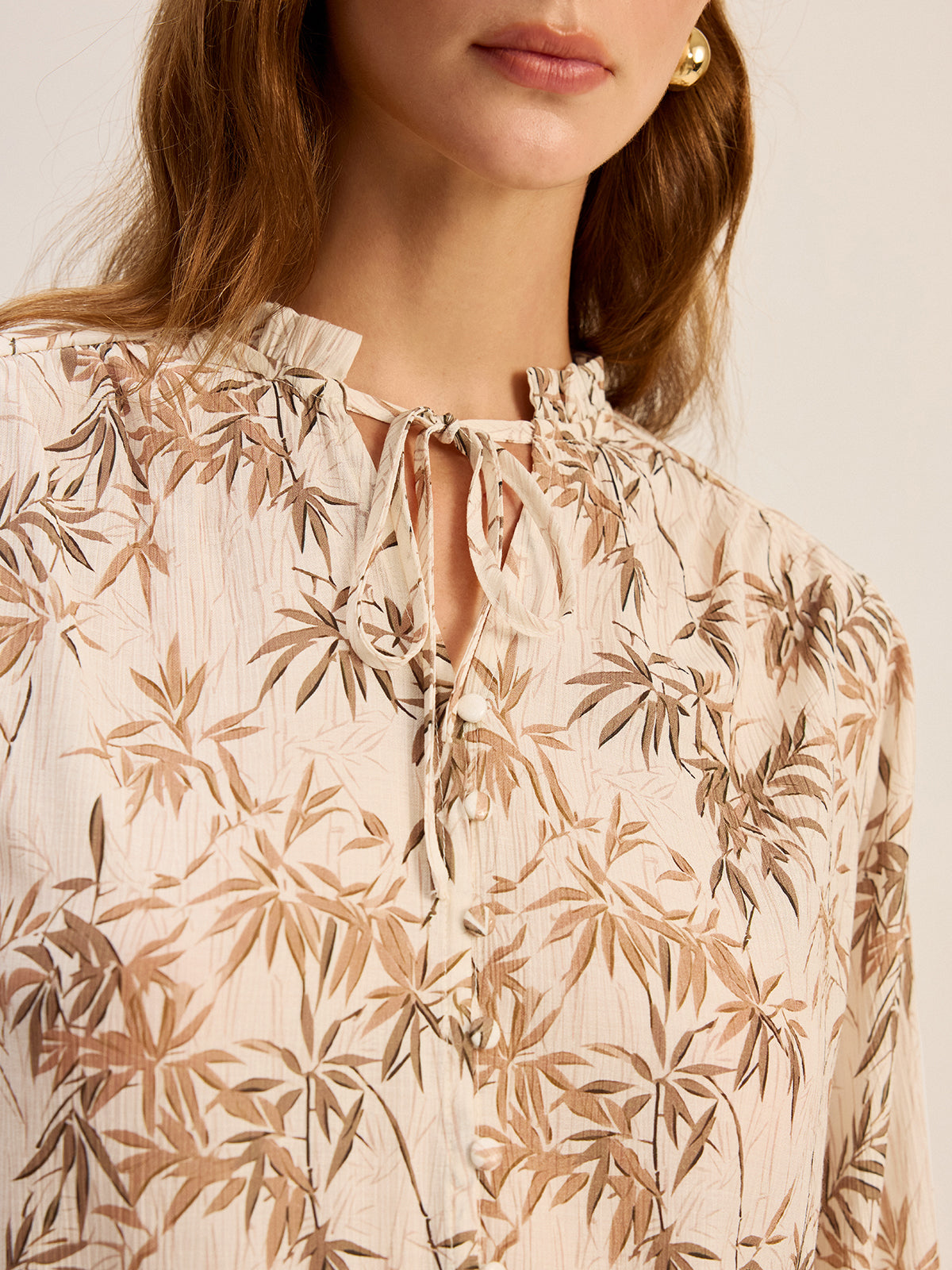 Leaf Printed Tie-Neck Rayon Shirt