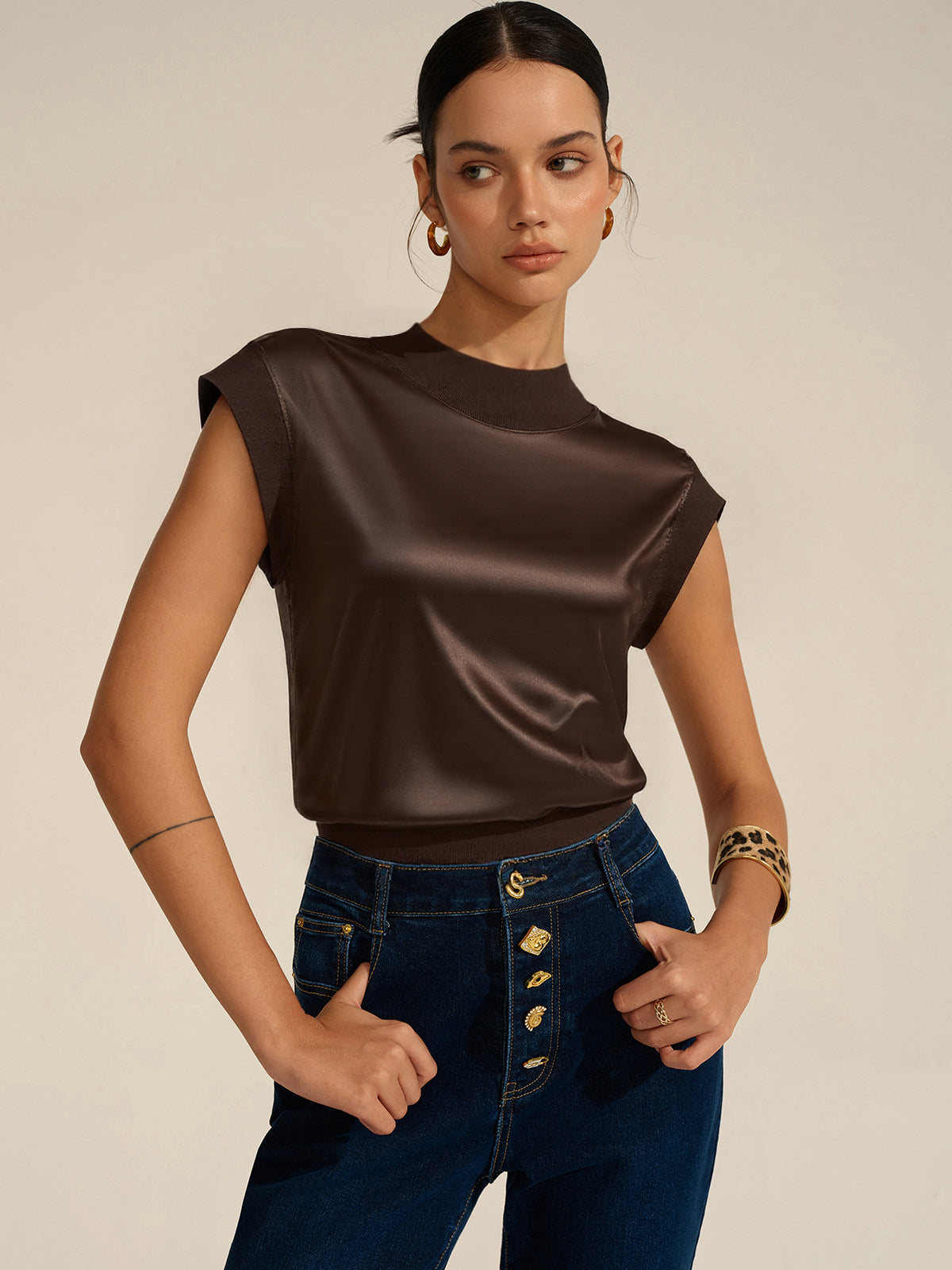 Mock Neck Cap Sleeve Top
