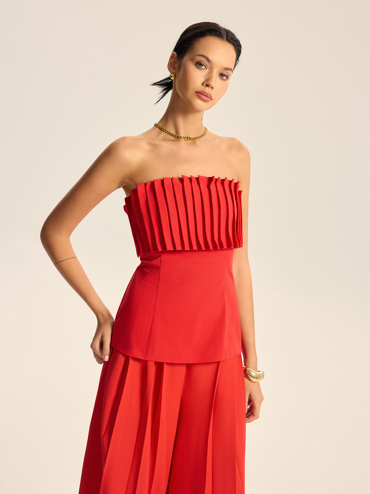 Cotton Blend Strapless Pleated Top