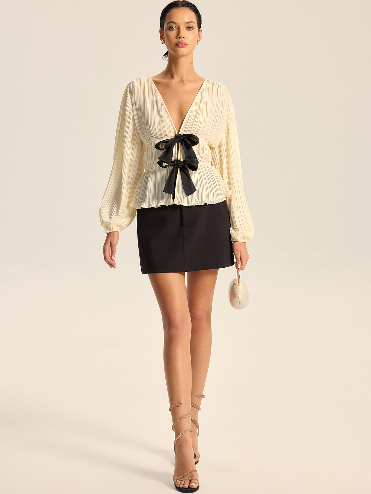 Pleated V-Neck Bow Blouse