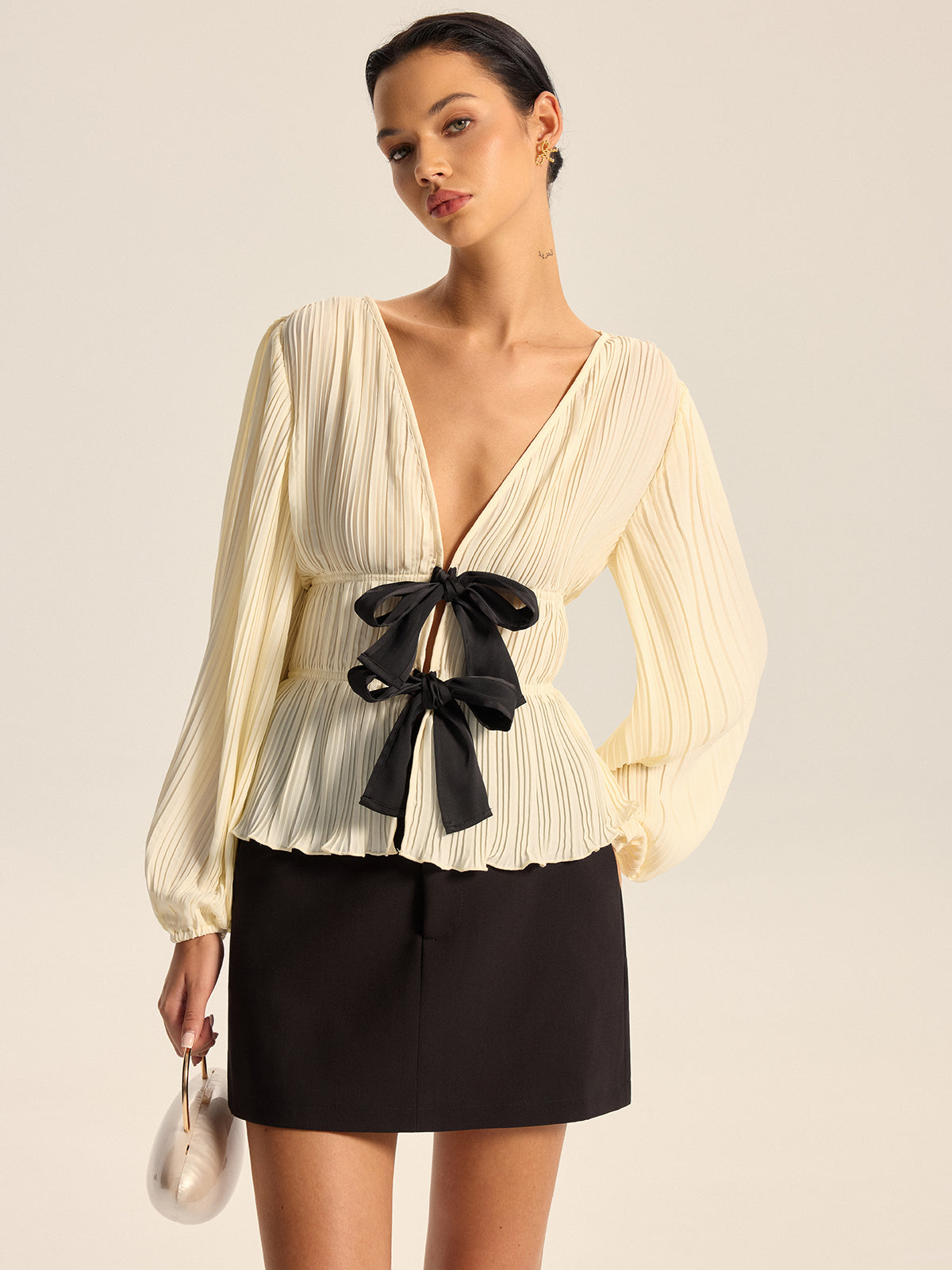 Pleated V-Neck Bow Blouse