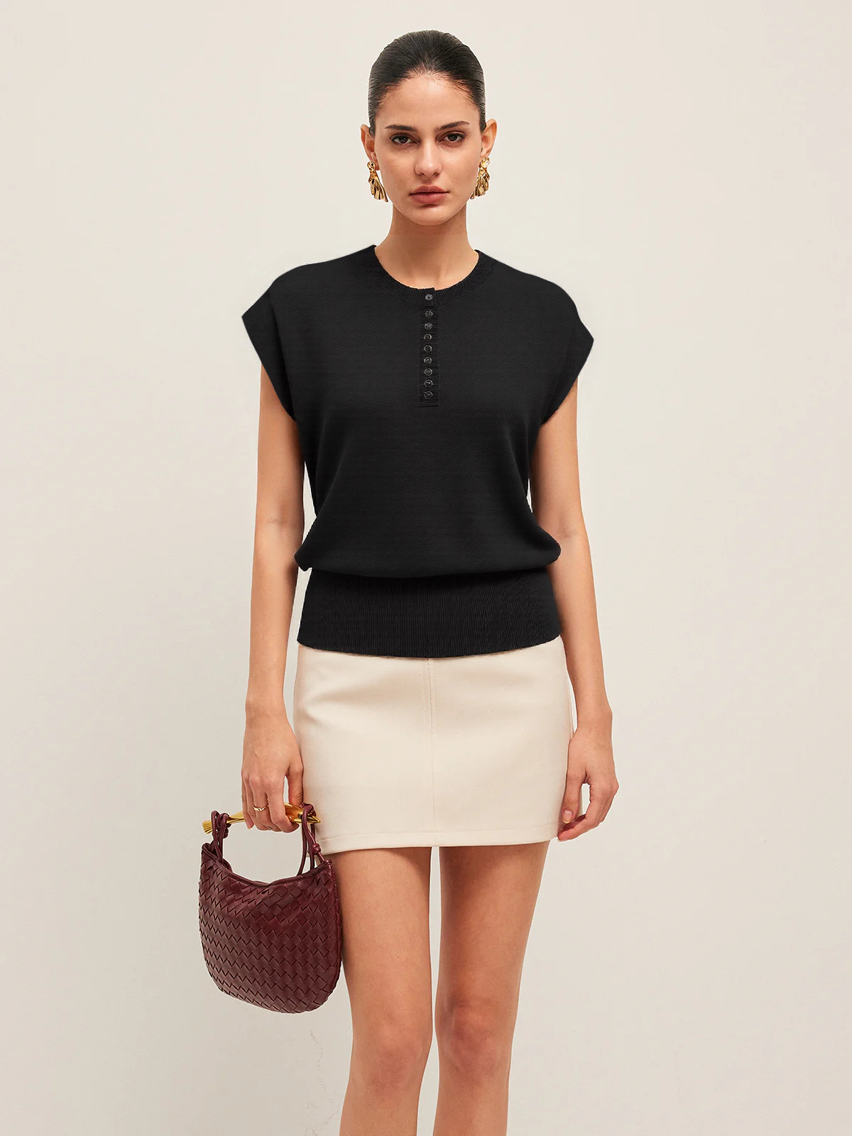 Cap Sleeve Button Cinched Knit Top