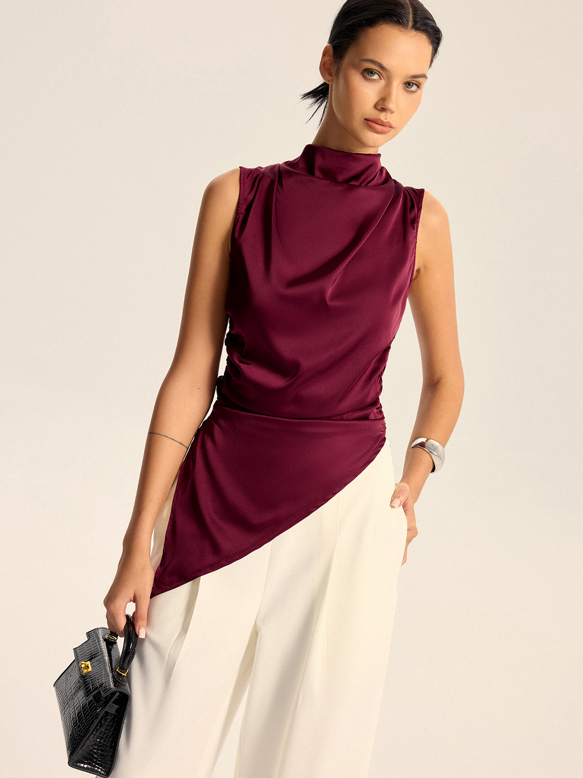 Satin Cowl Neck Asymmetric Hem Top with Back Zipper