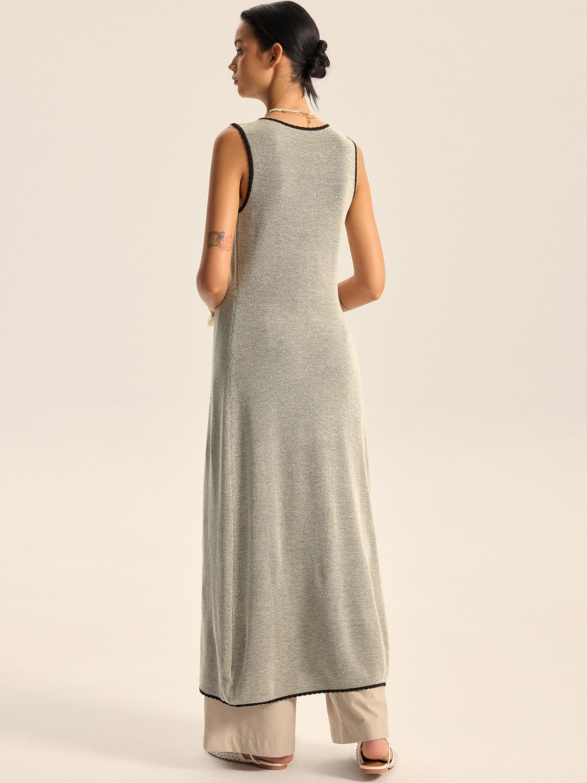 Floral Contrast Trim Knit Maxi Vest