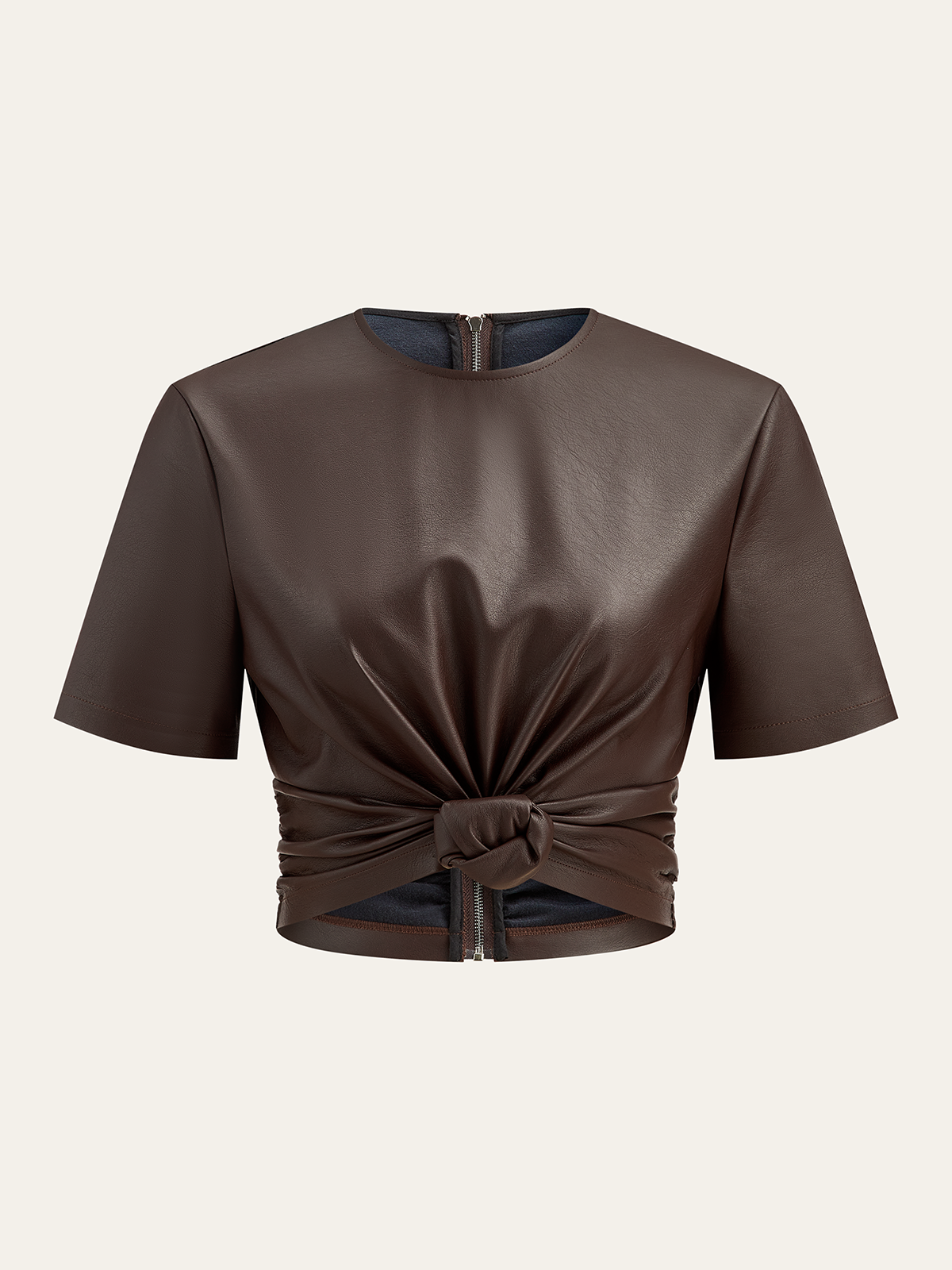 Back Zipper PU Leather Twist T-Shirt