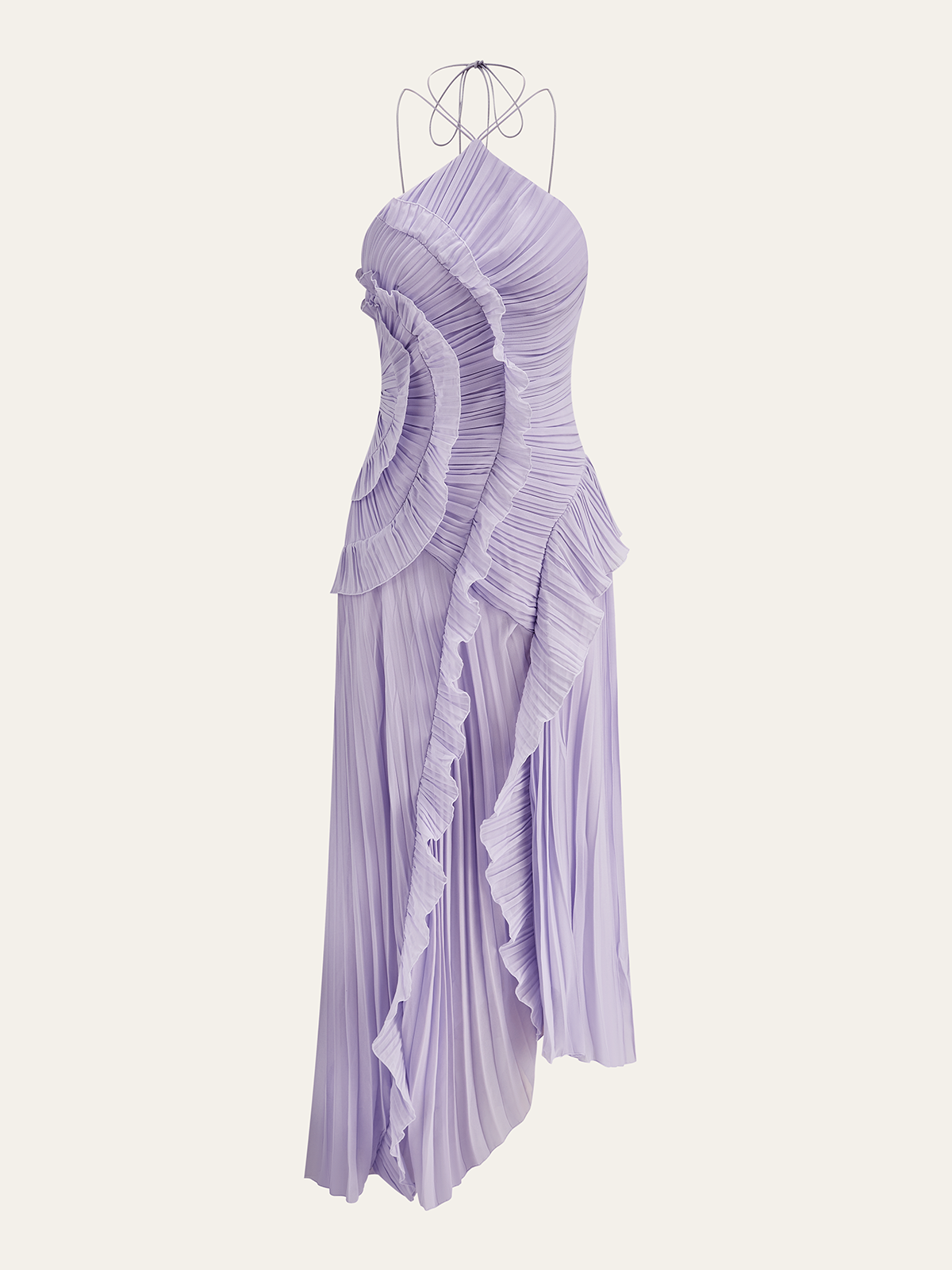 Robe longue à volants plissés en mousseline et col montant
