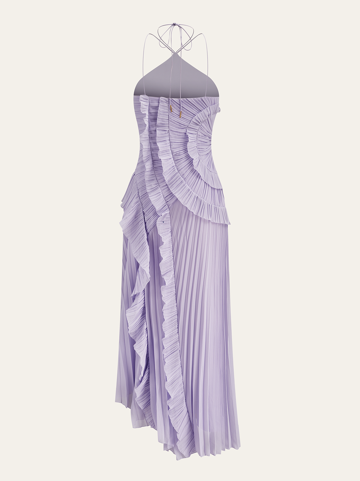 Robe longue à volants plissés en mousseline et col montant