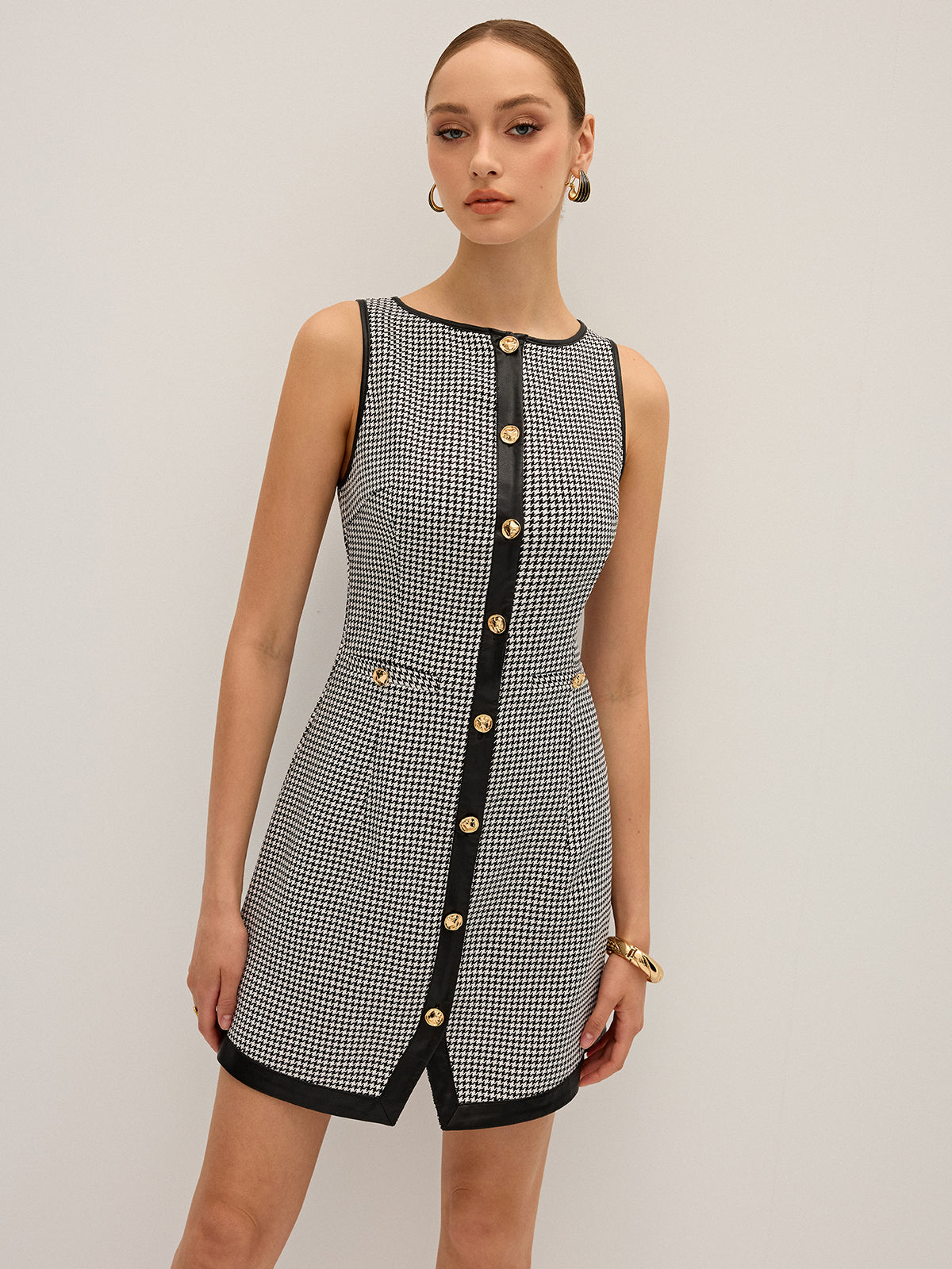 Houndstooth PU Leather Trim Mini Dress
