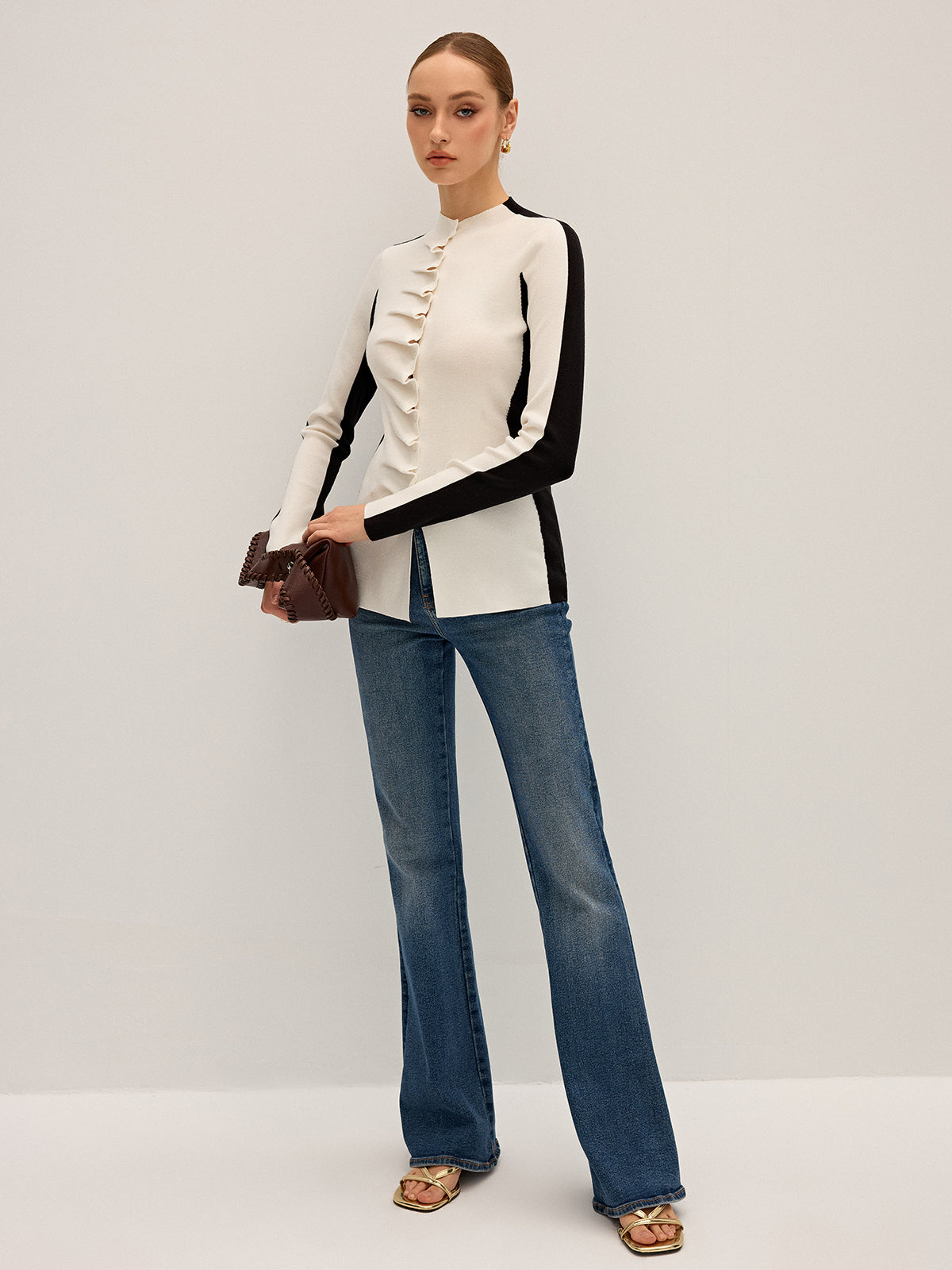 Ruffle Button Fitted Knit Top