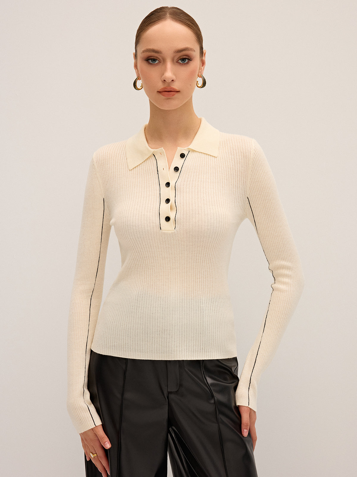 Wool Blend Ribbed Polo Knit Top