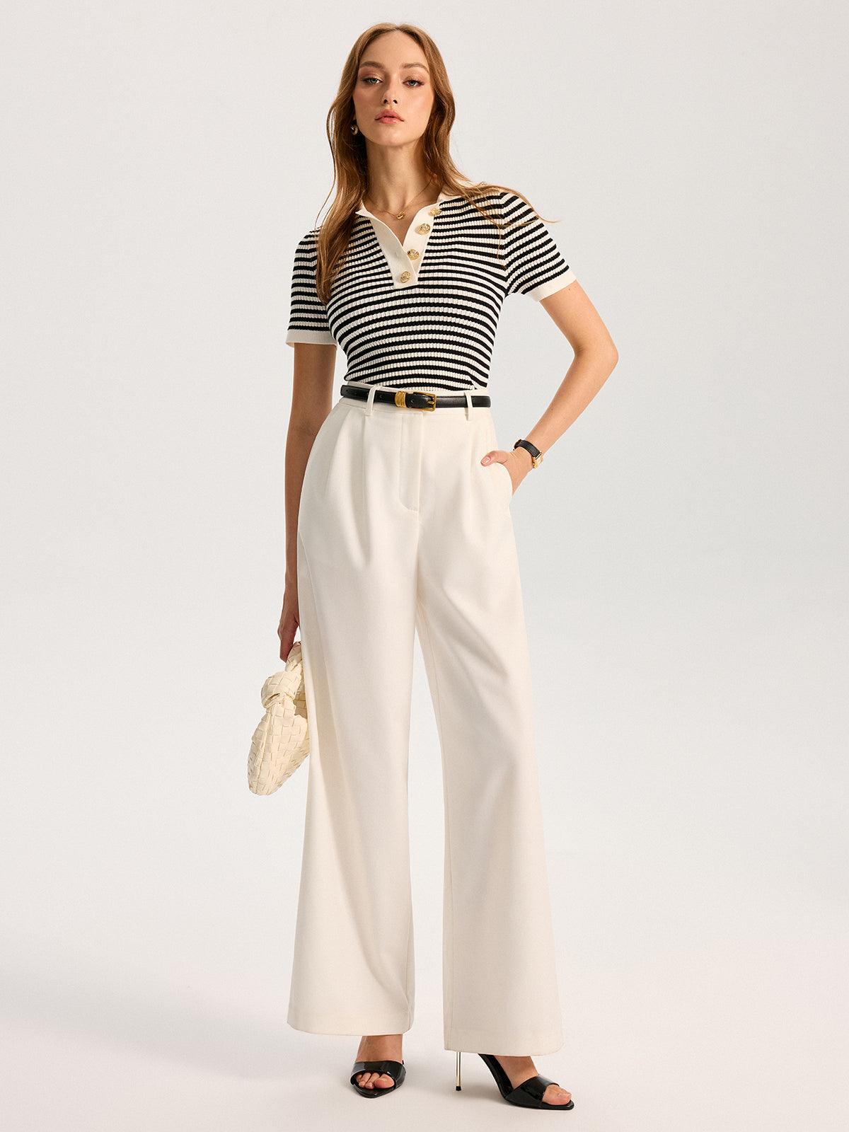 Metal Button Striped Knit Polo Top