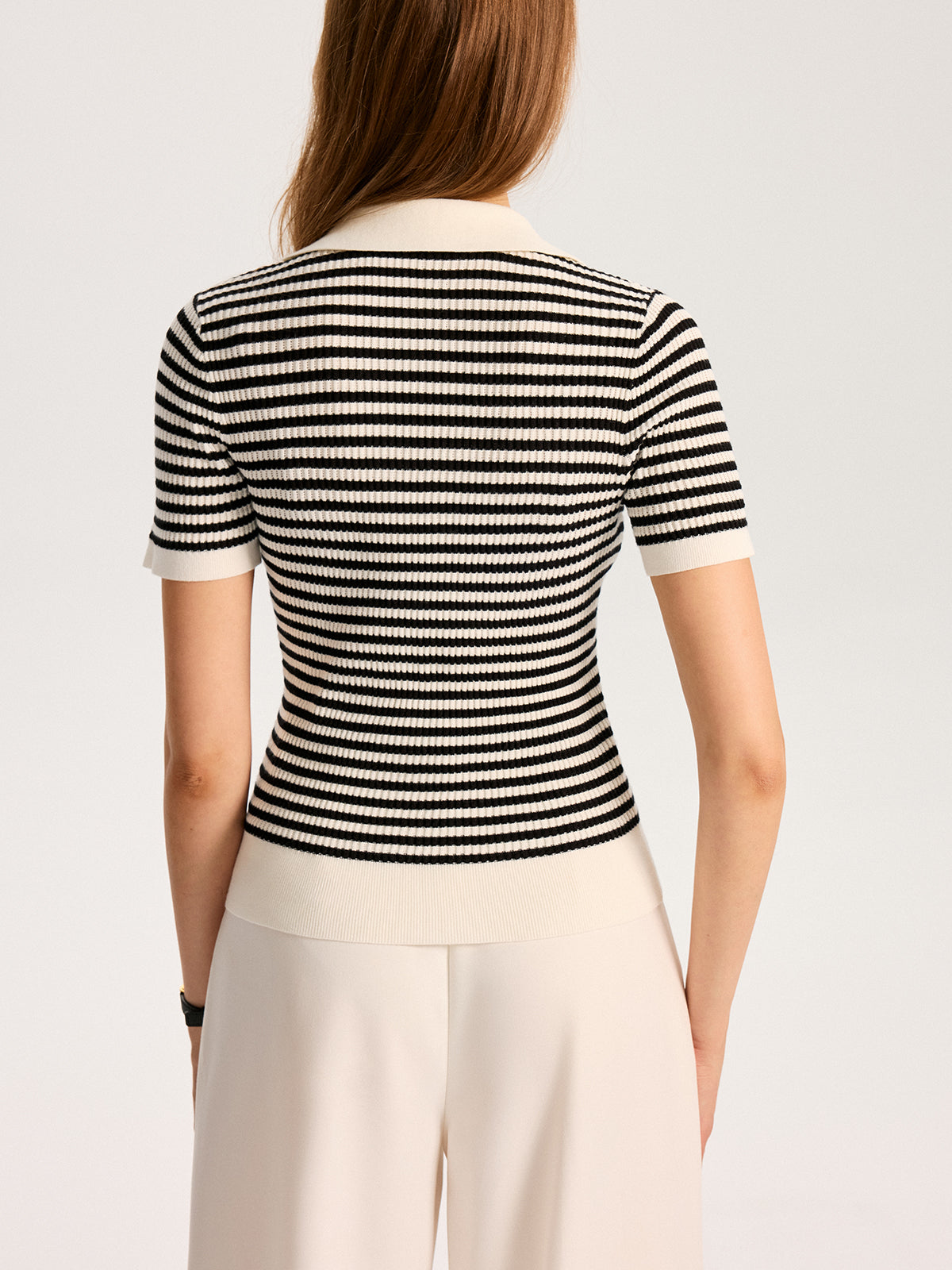 Metal Button Striped Knit Polo Top