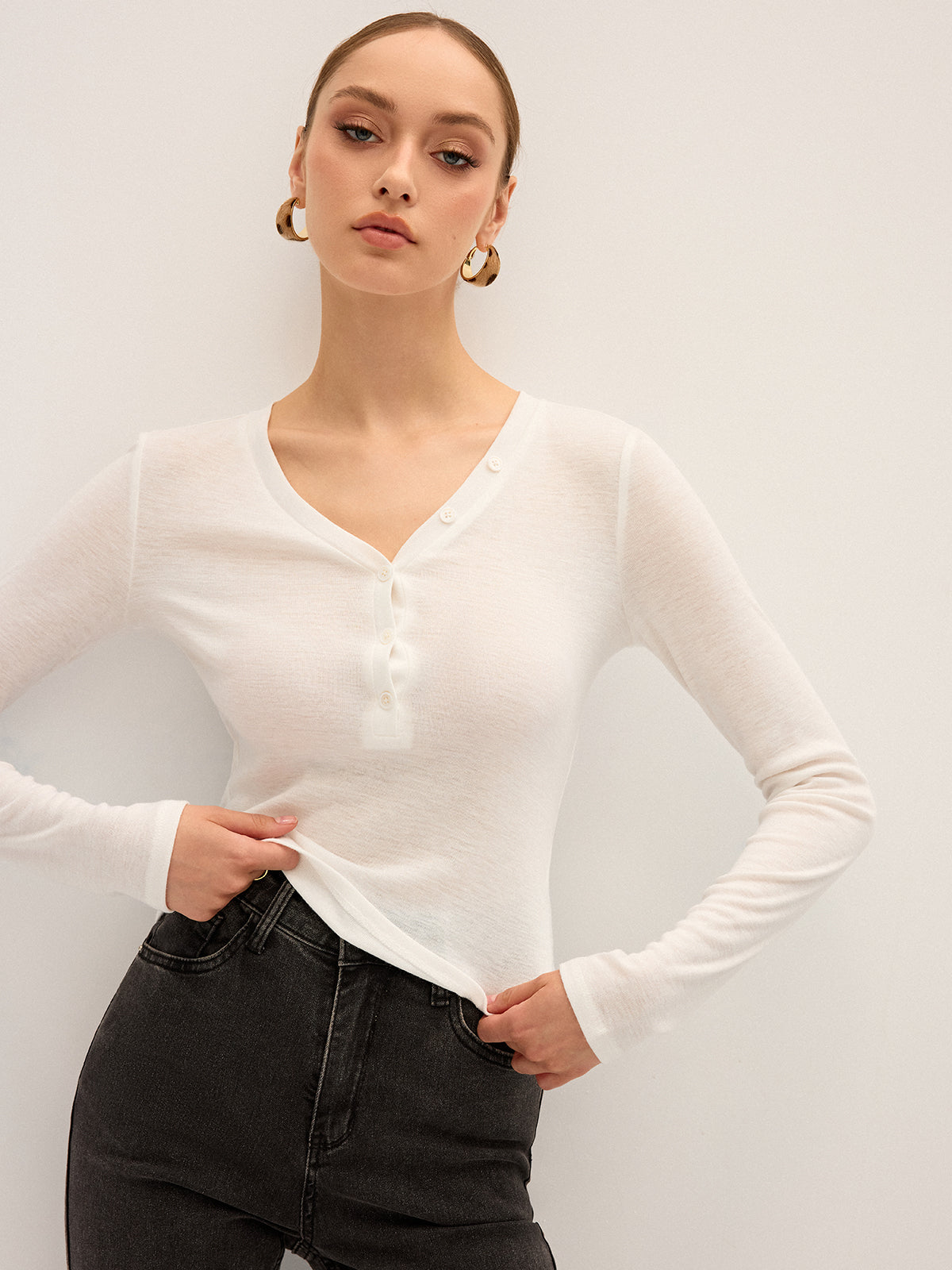 Long Sleeve V-Neck Button T-Shirt