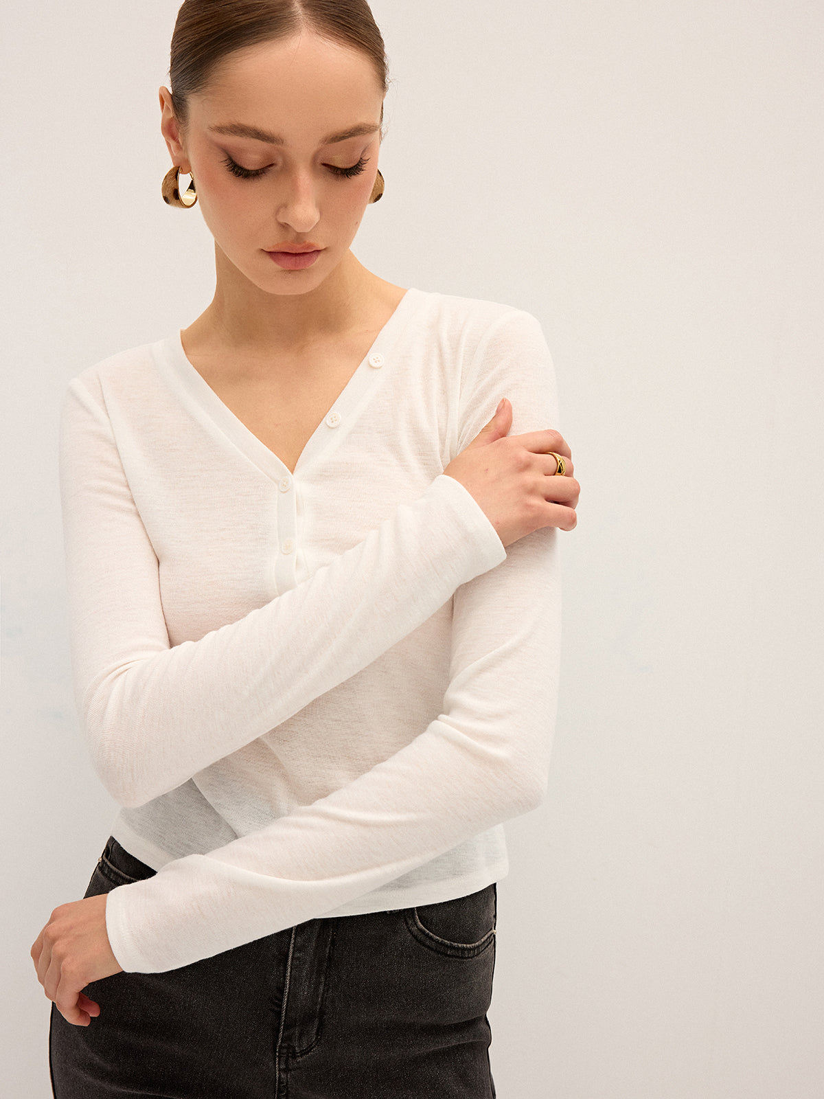 Long Sleeve V-Neck Button T-Shirt
