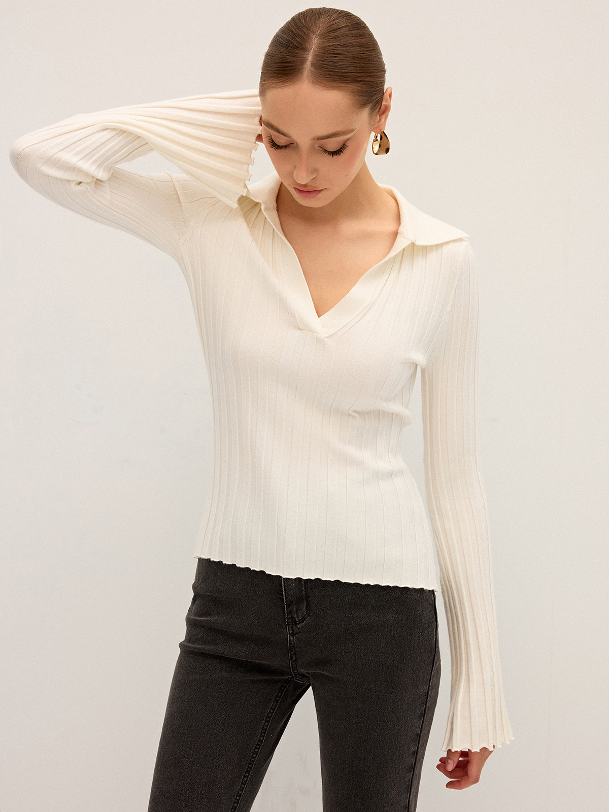Flared Sleeve Collared Knit Top