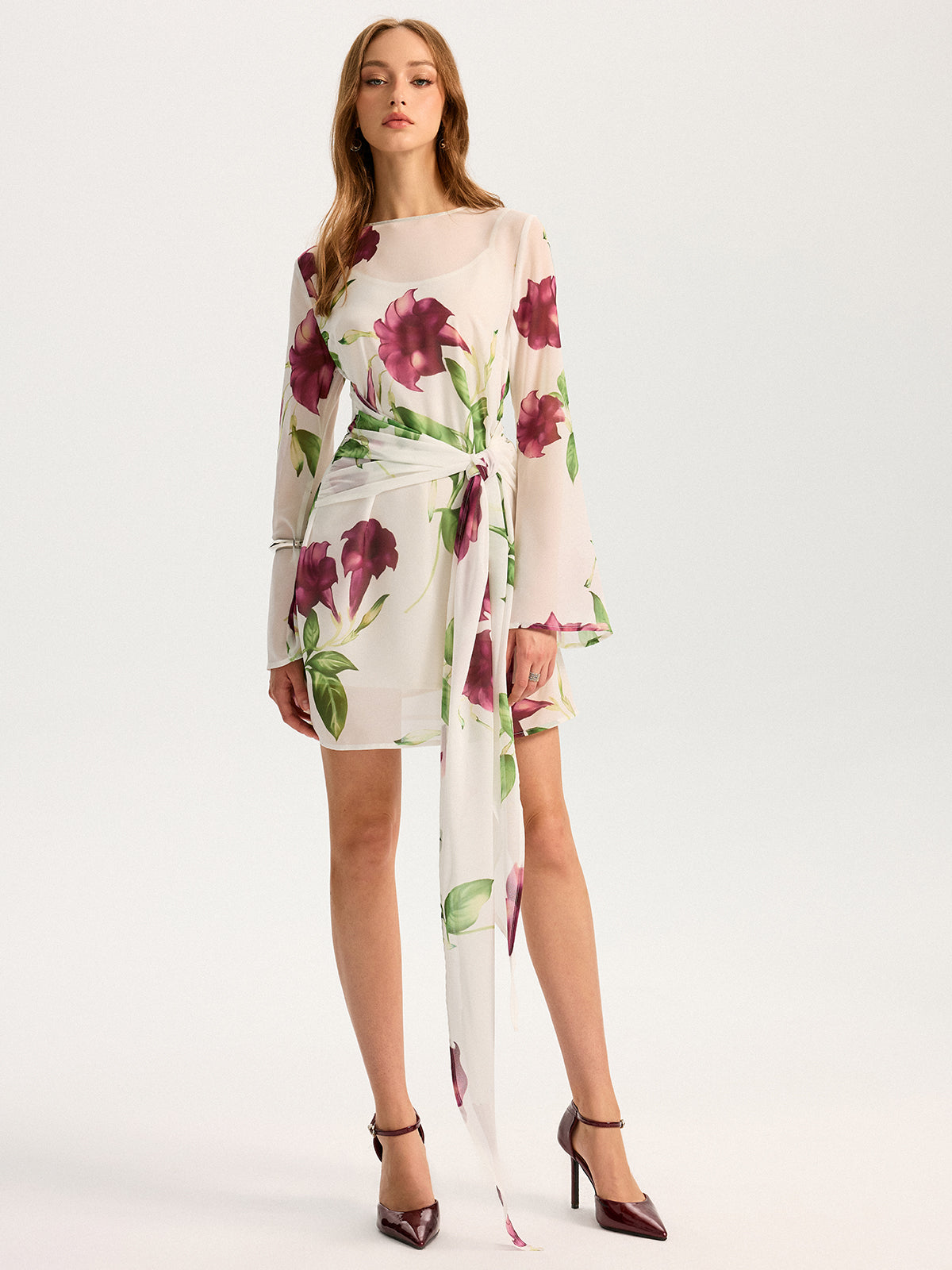 Semi-Sheer Floral Print Chiffon Mini Dress