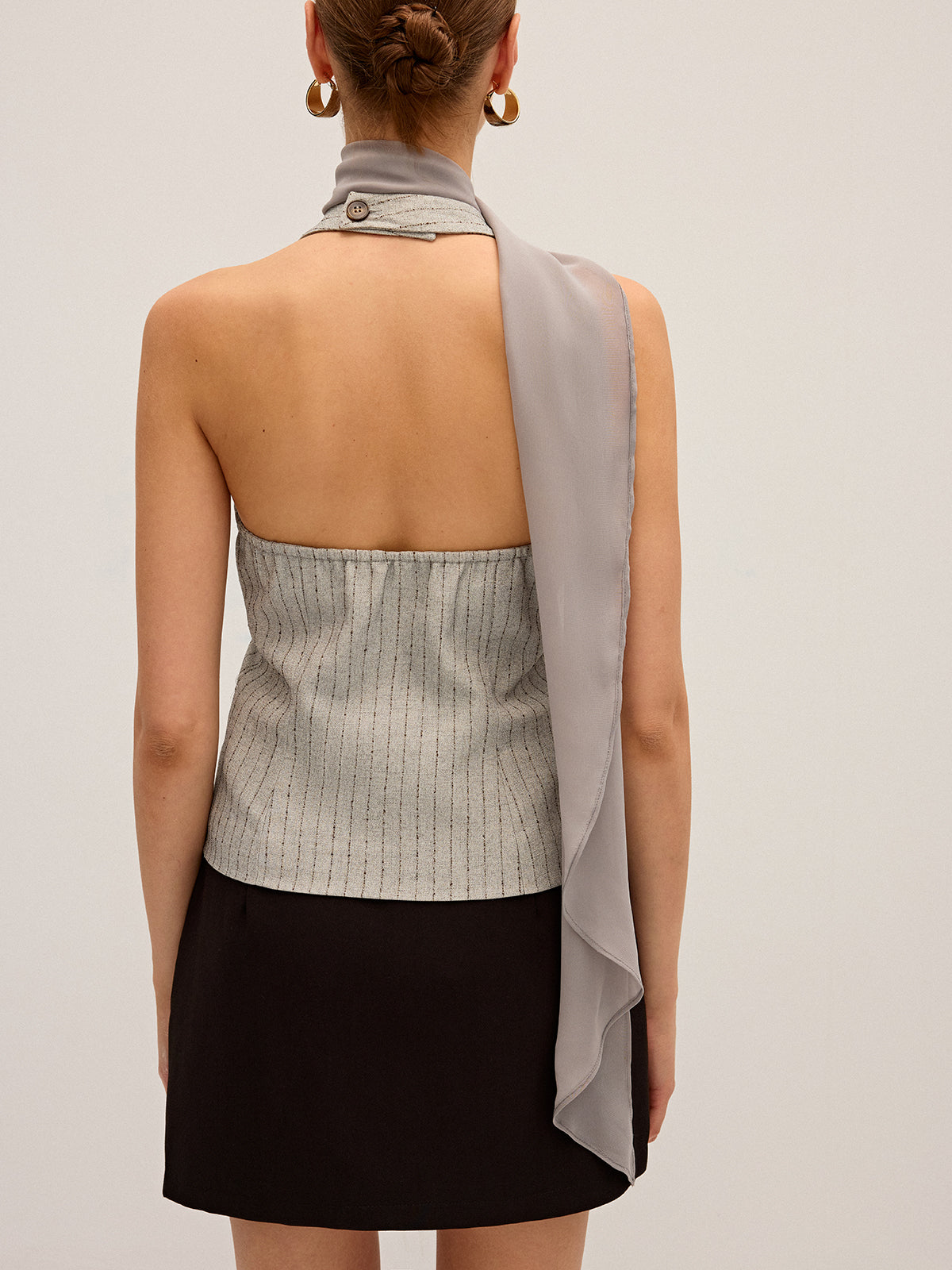 Pinstripe Halter Neck Vest with Chiffon Ribbon Panel