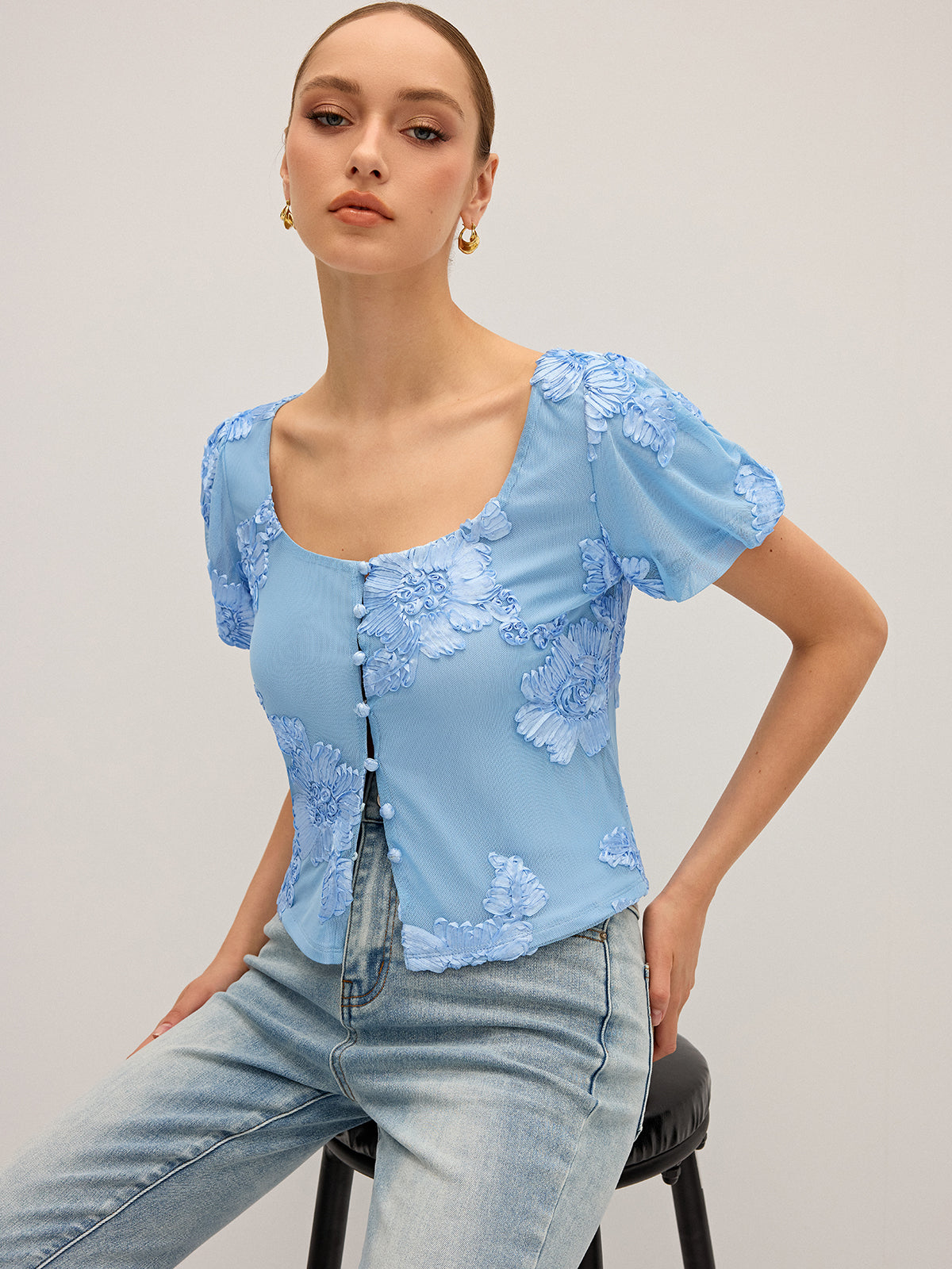 Floral Embroidered Square Neck Mesh Top