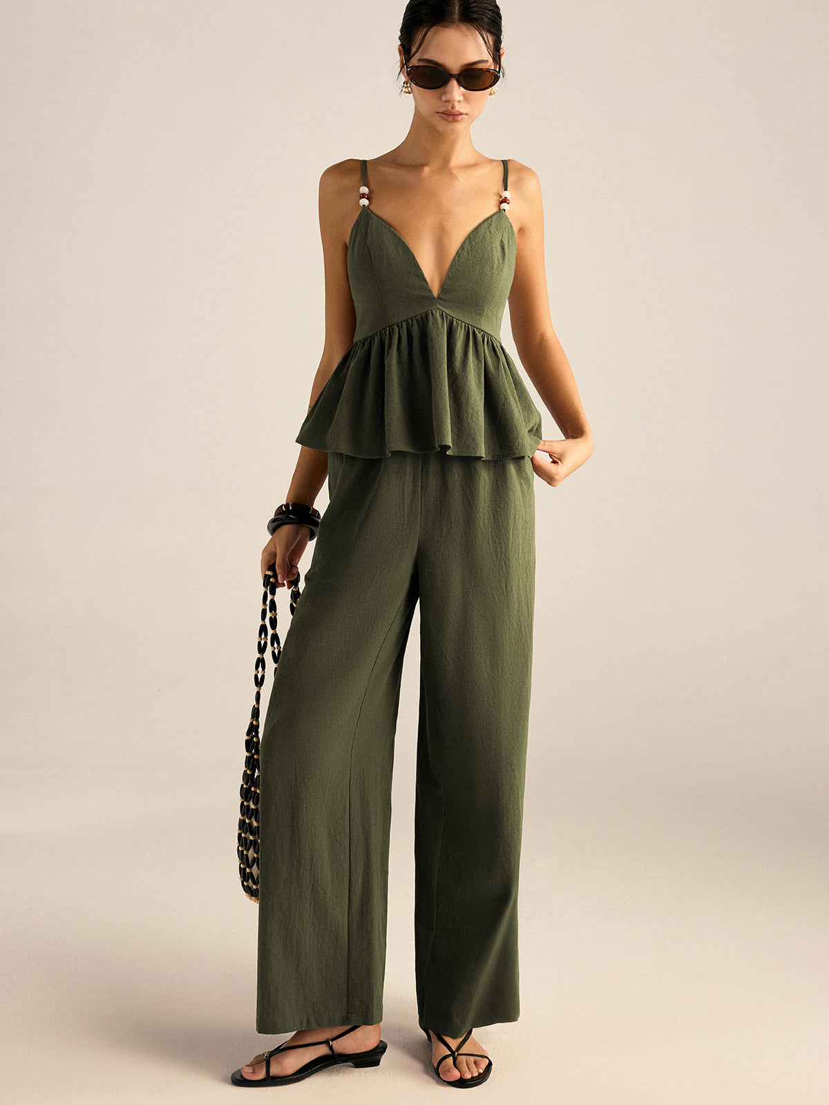 Cotton Peplum Beaded Straps Top and Pants set