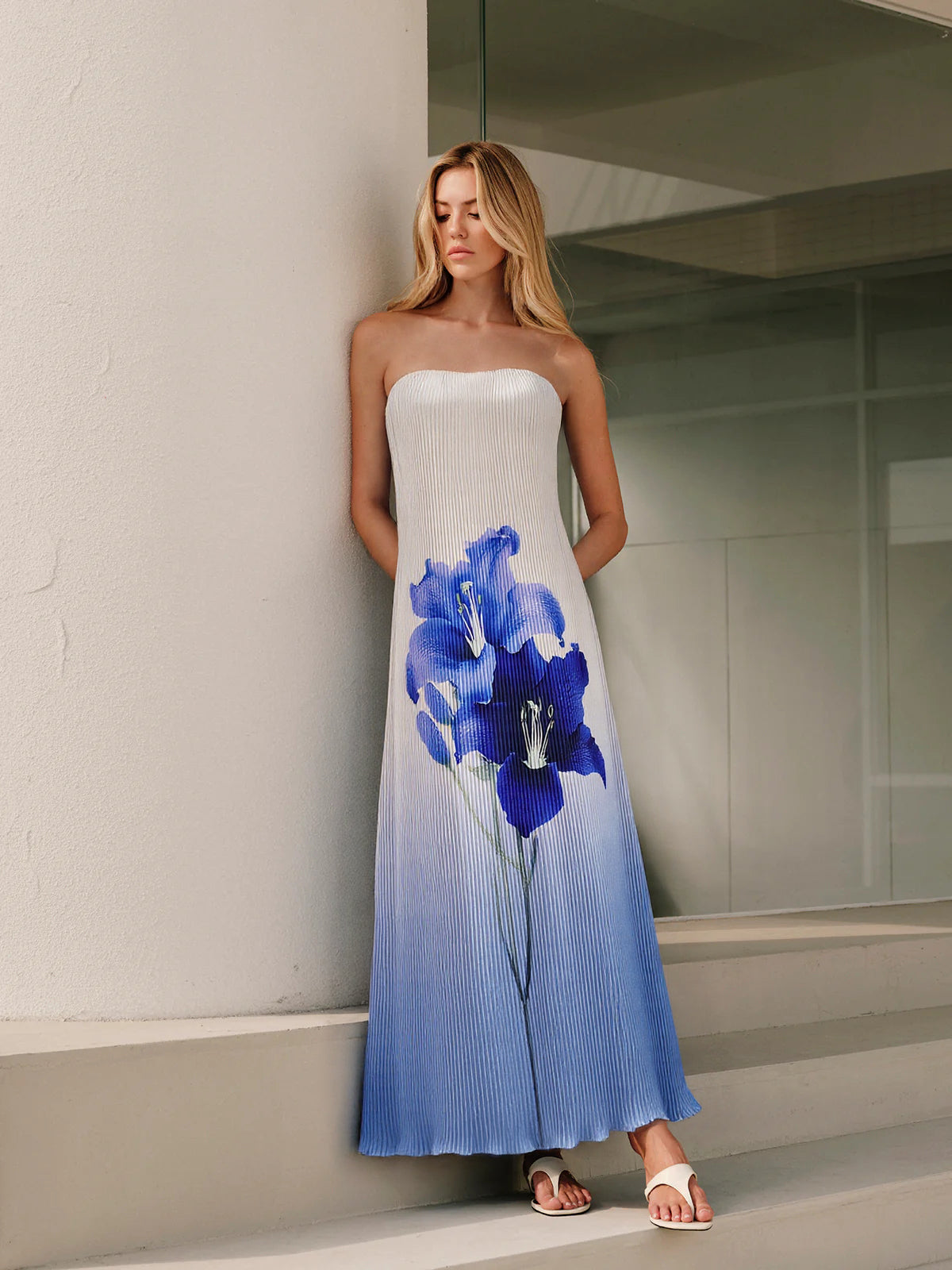 Robe longue plissée bustier à imprimé floral dégradé