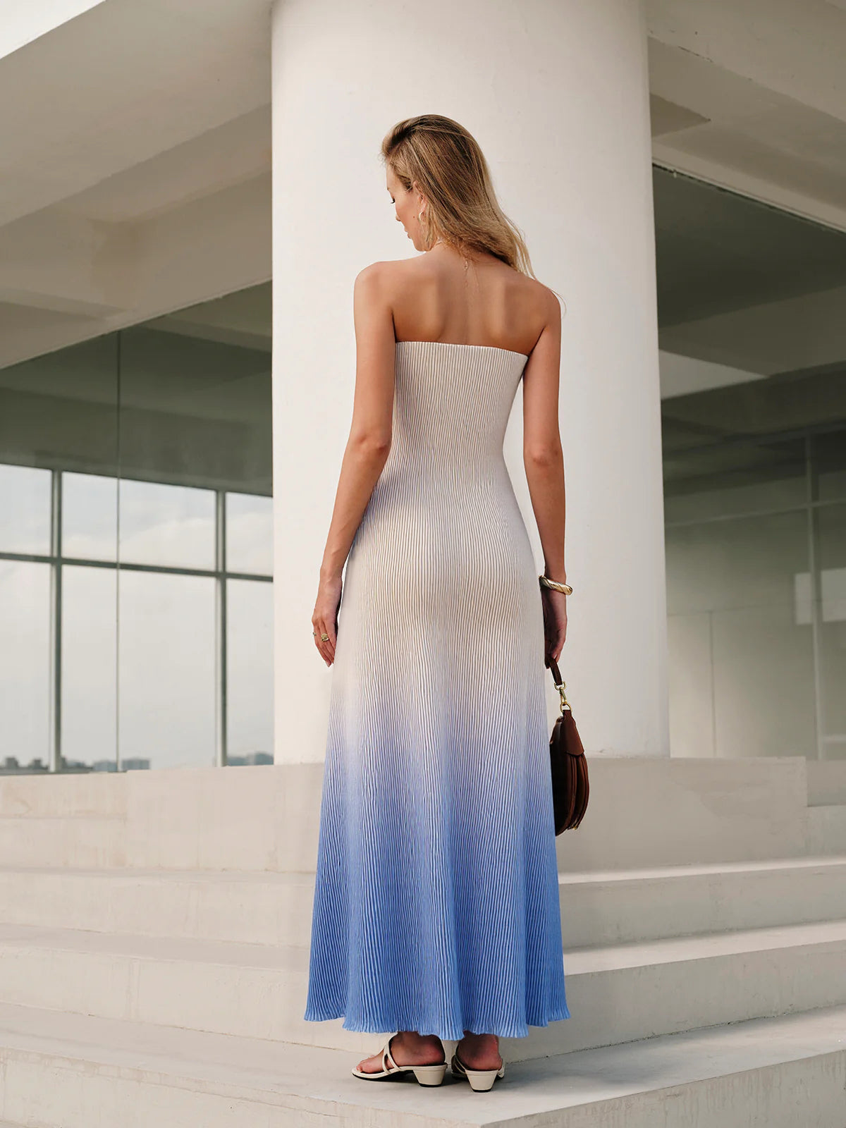 Floral Print Gradient Strapless Pleated Maxi Dress