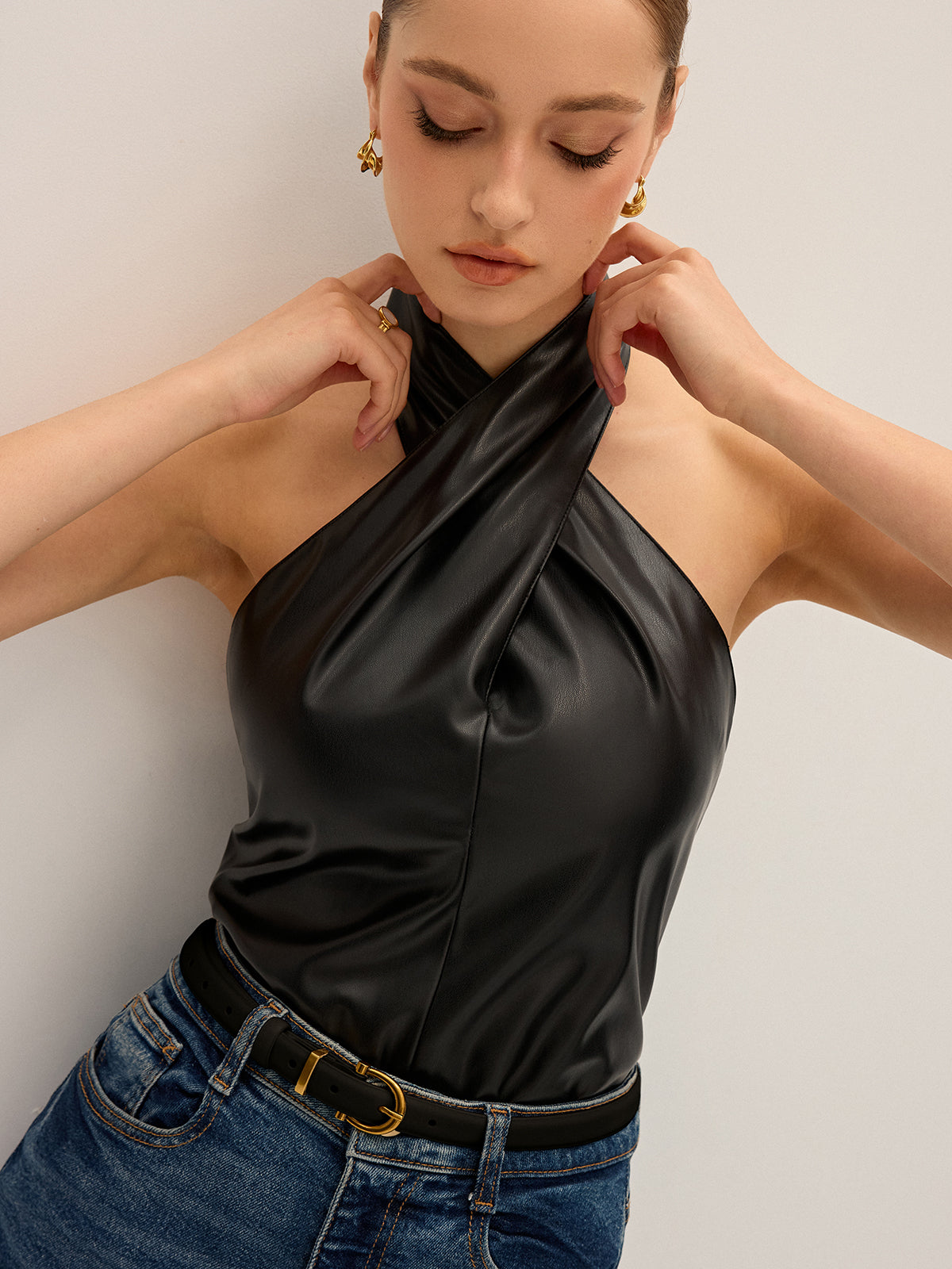 PU Leather Cross Halter Neck Top