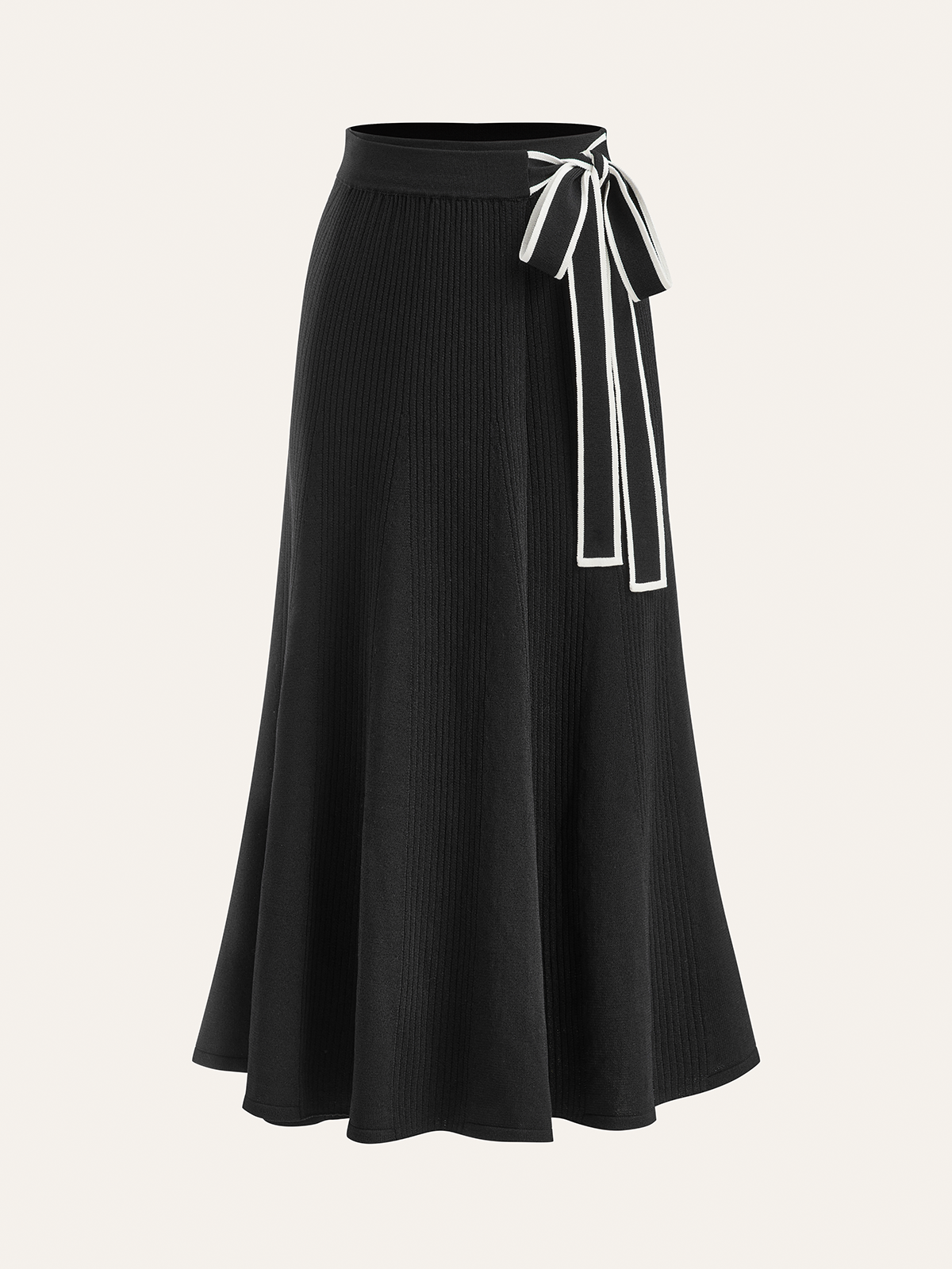 Contrast Bow Belt Ribbed Knit Midi Skirt