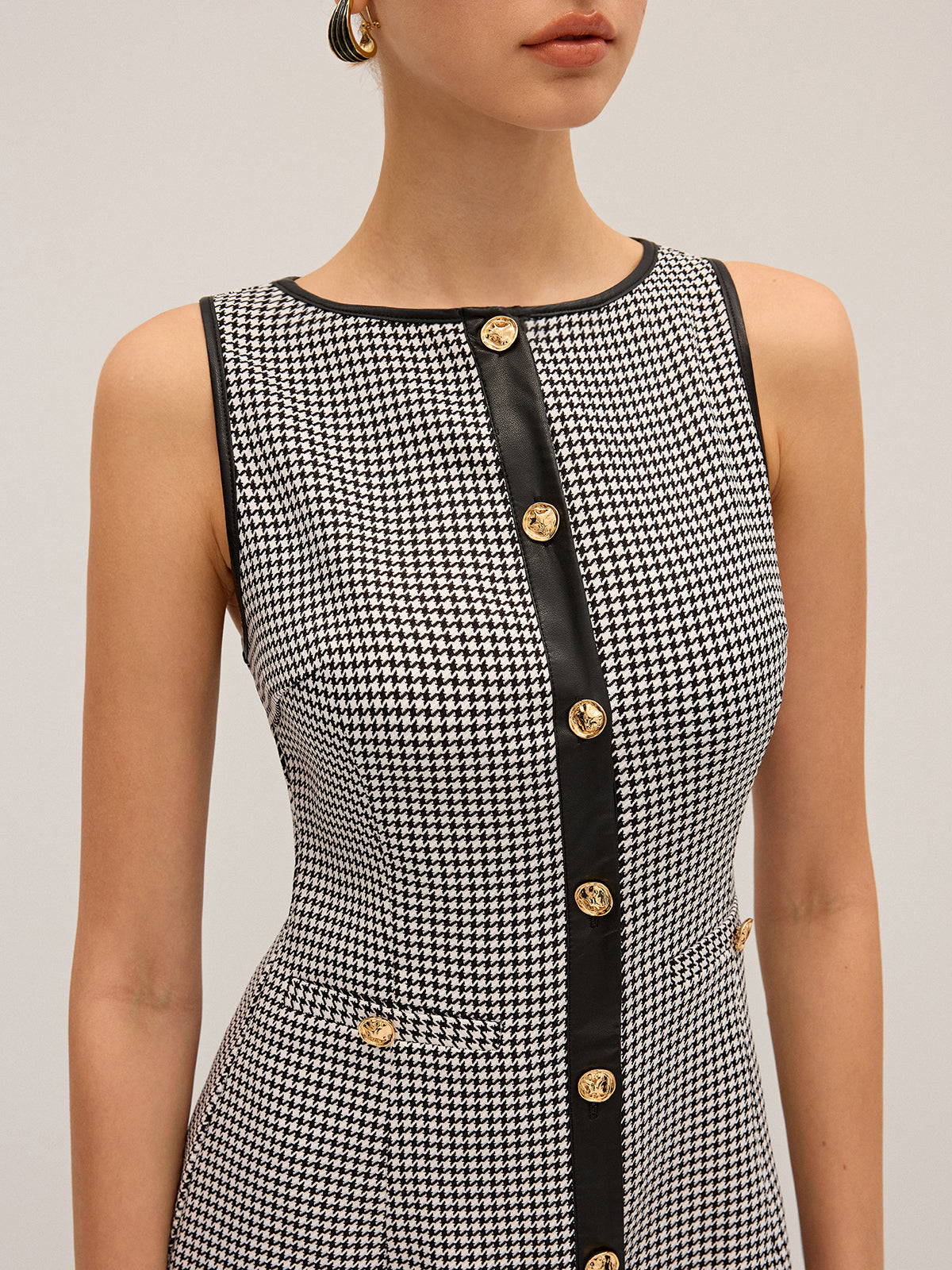 Houndstooth PU Leather Trim Mini Dress