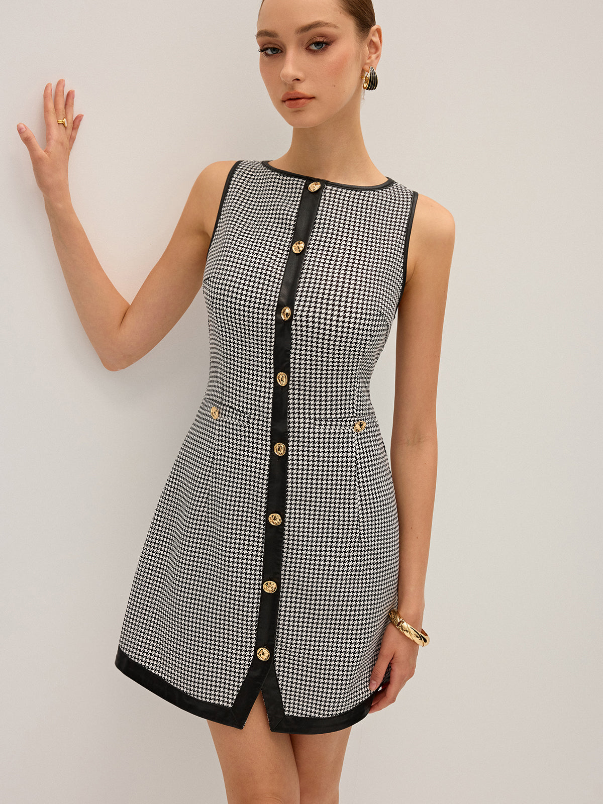Mini-Kleid aus Hahnentritt mit PU-Lederbesatz