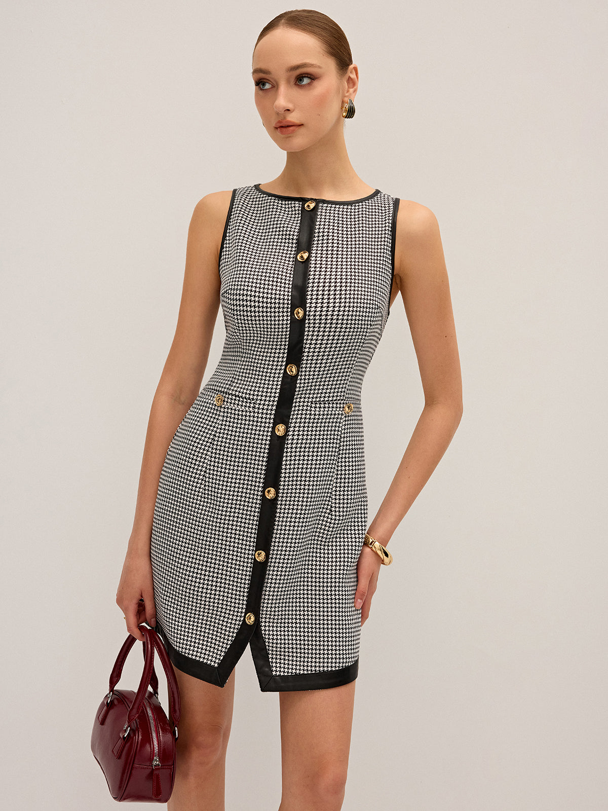 Mini-Kleid aus Hahnentritt mit PU-Lederbesatz