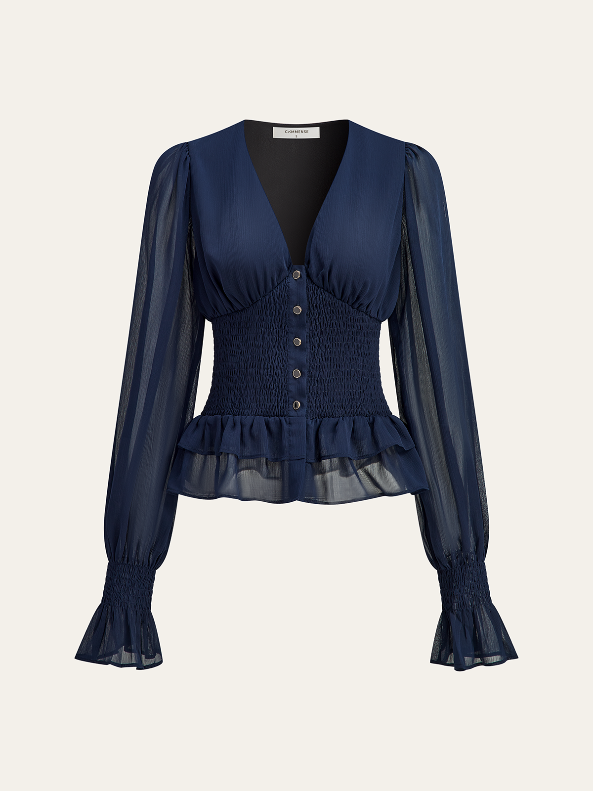 Mesh-Paneled Ruffled Hem Smocked Waist Blouse