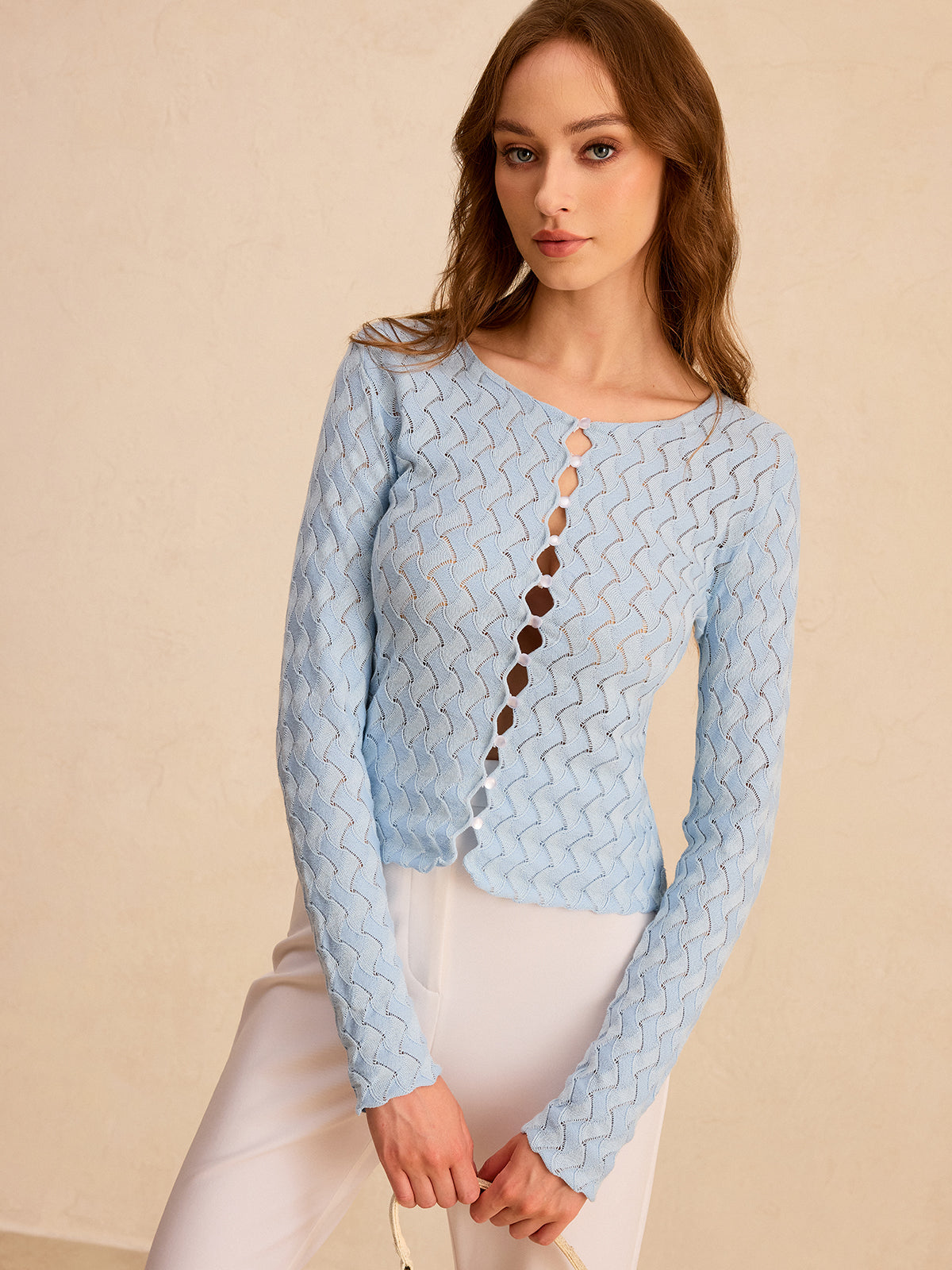 Wave Patterned Button Knit Cardigan