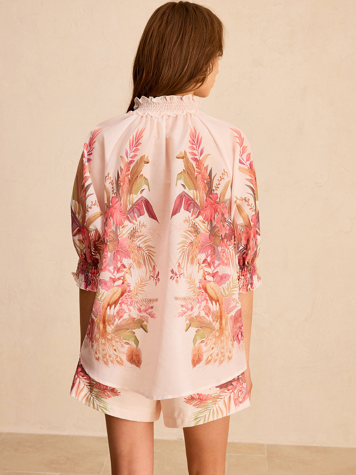 Floral Print Ruffled Mock Neck Blouse