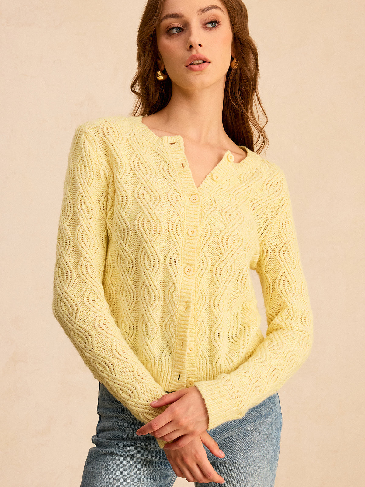 Zopfmuster-Strickjacke mit Knopfleiste