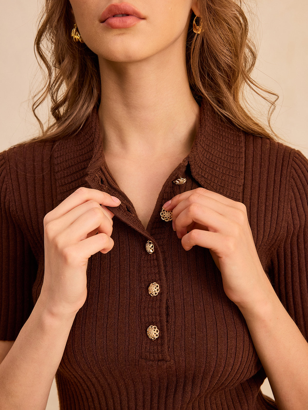 Metal Button Ribbed Knit Polo Top