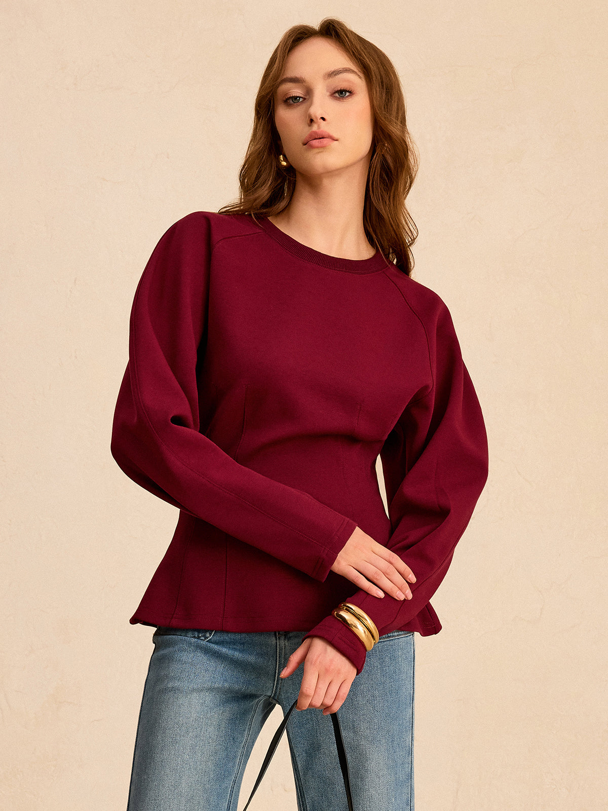 Sweat-shirt col rond à manches bouffantes