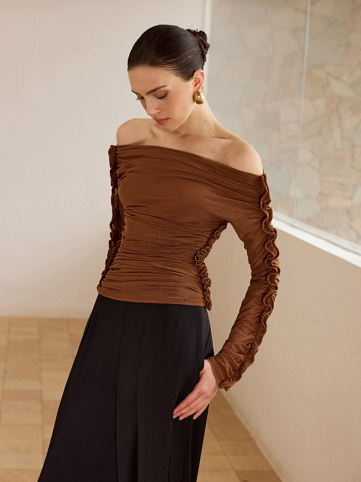 Off-Shoulder Ruched Top with Ruffled Sleeves