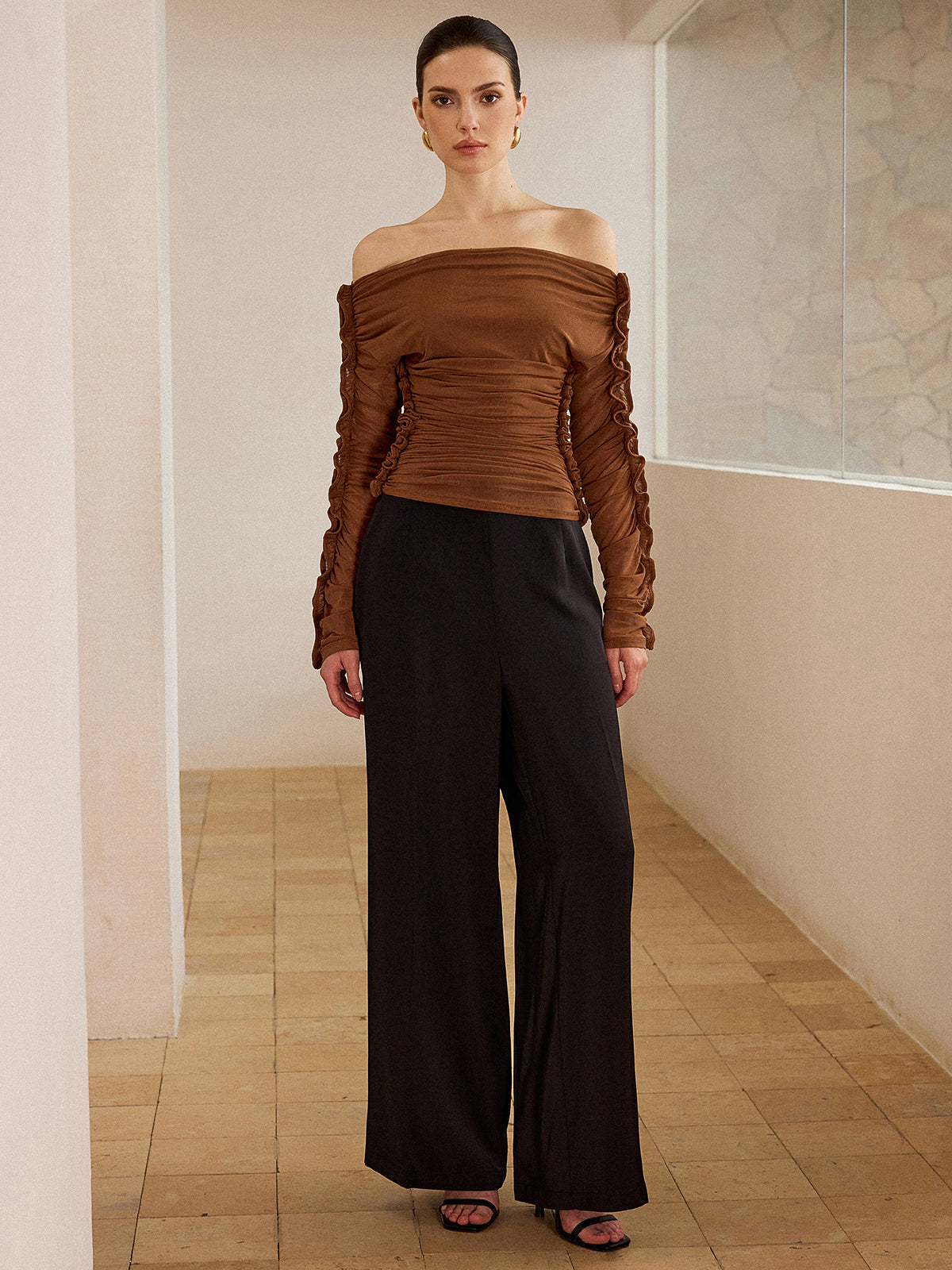 Off-Shoulder Ruched Top with Ruffled Sleeves