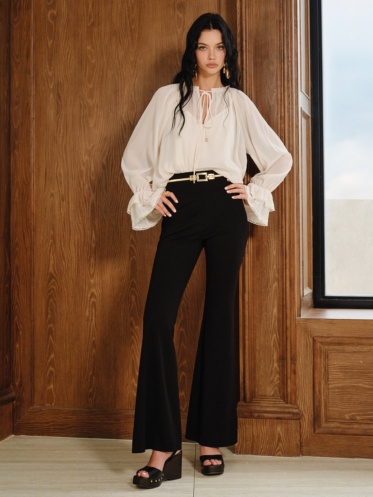 Bell Sleeve Sheer Chiffon Blouse Set with Liner