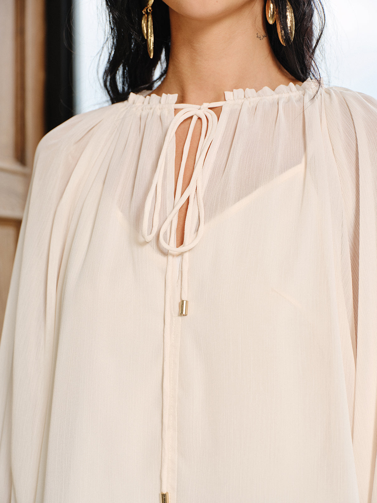 Bell Sleeve Sheer Chiffon Blouse Set with Liner