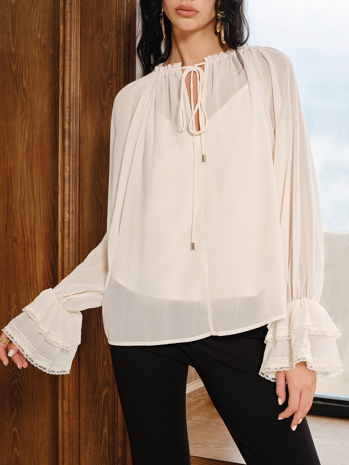 Bell Sleeve Sheer Chiffon Blouse Set with Liner
