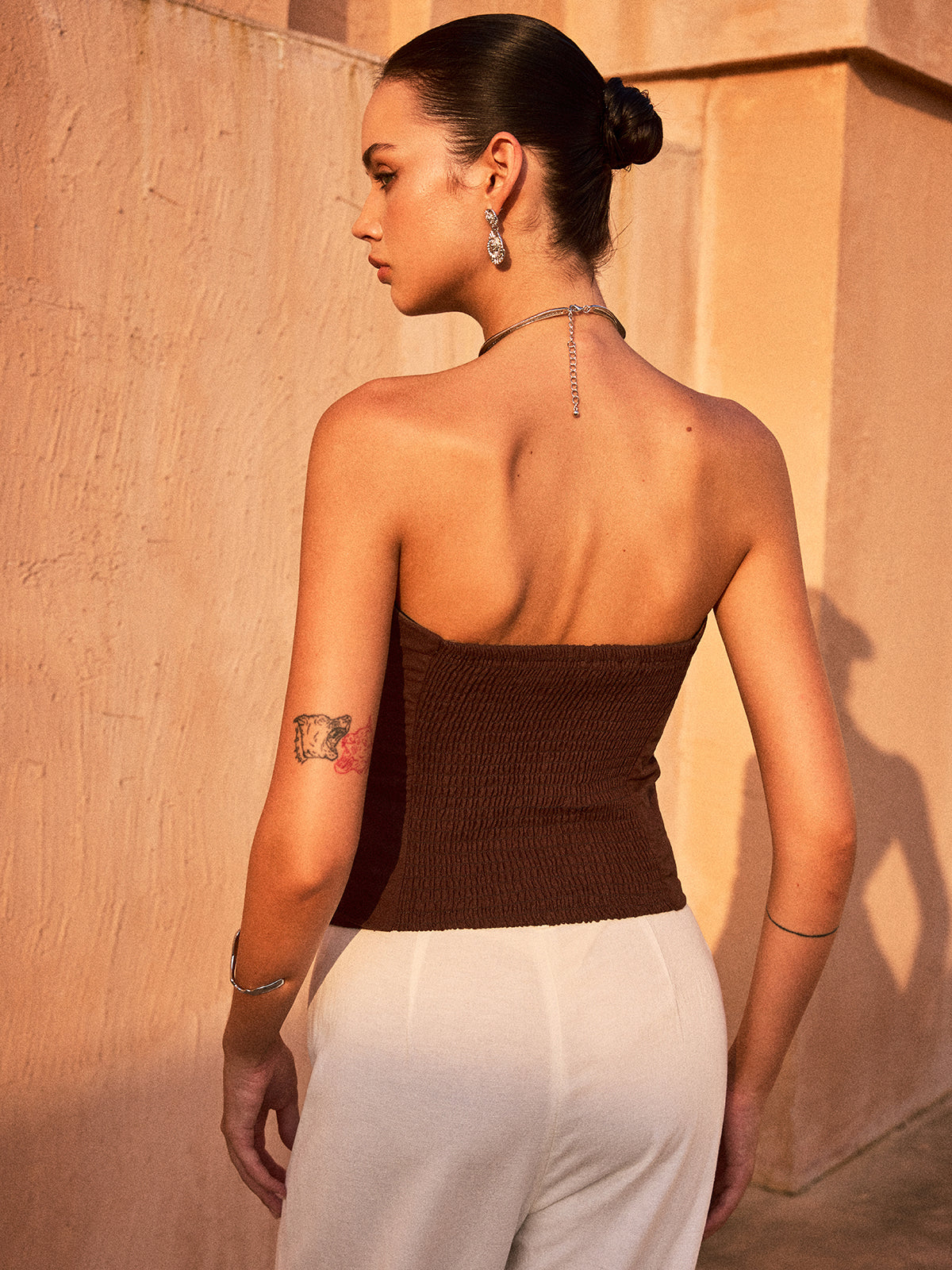 Ruched Button-Front Strapless Top