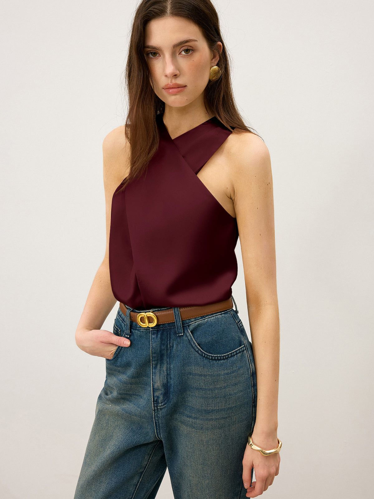 Satin Cross-Over Collar Tank Top