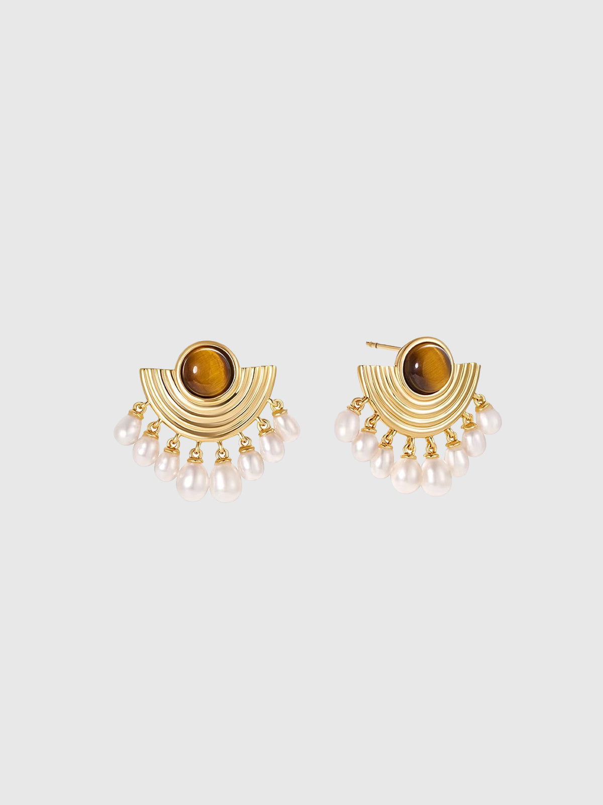 Tiger Eye Pearl Fan-Shaped Earrings
