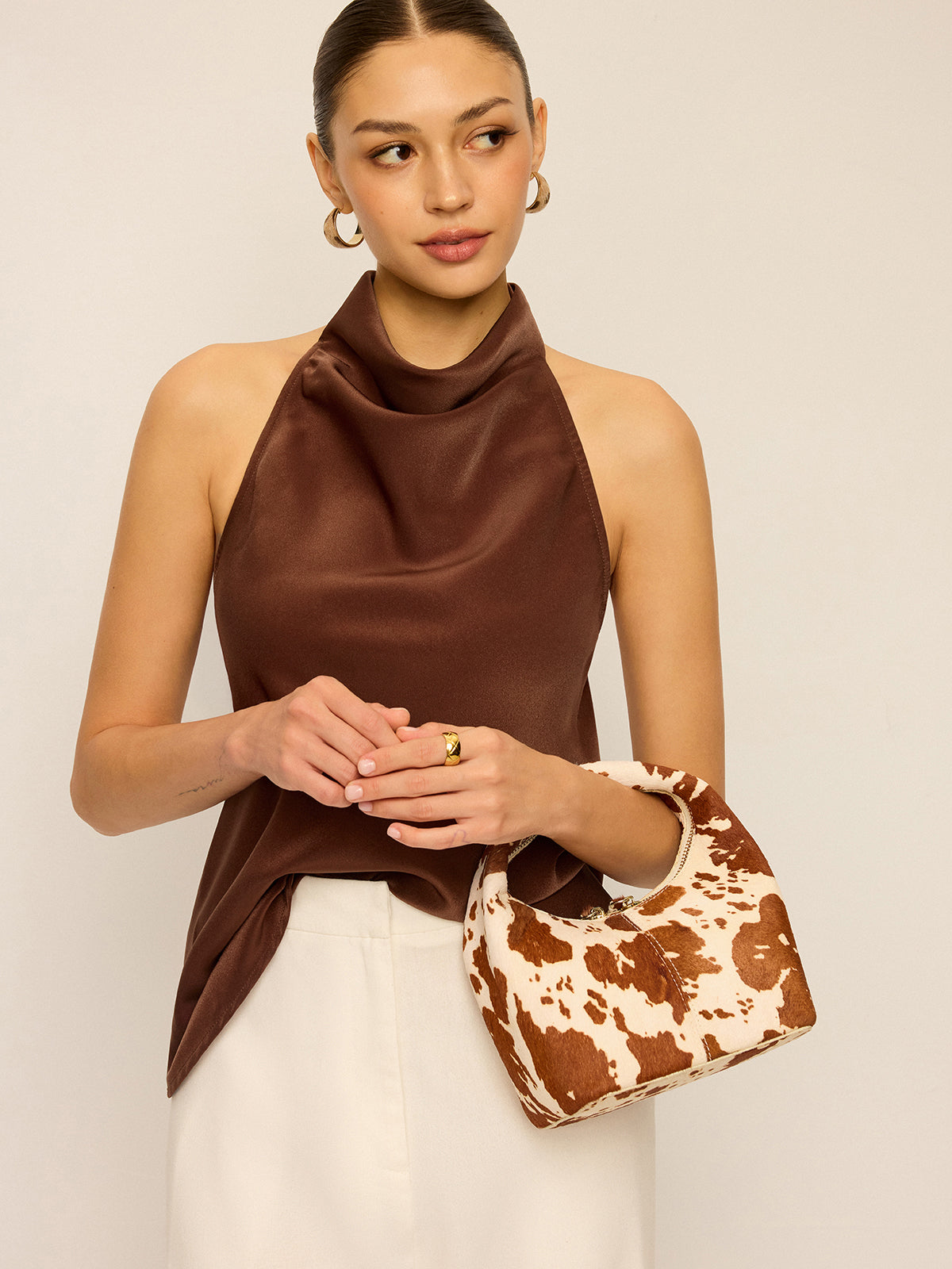 Satin Cowl Neck Halter Backless Top