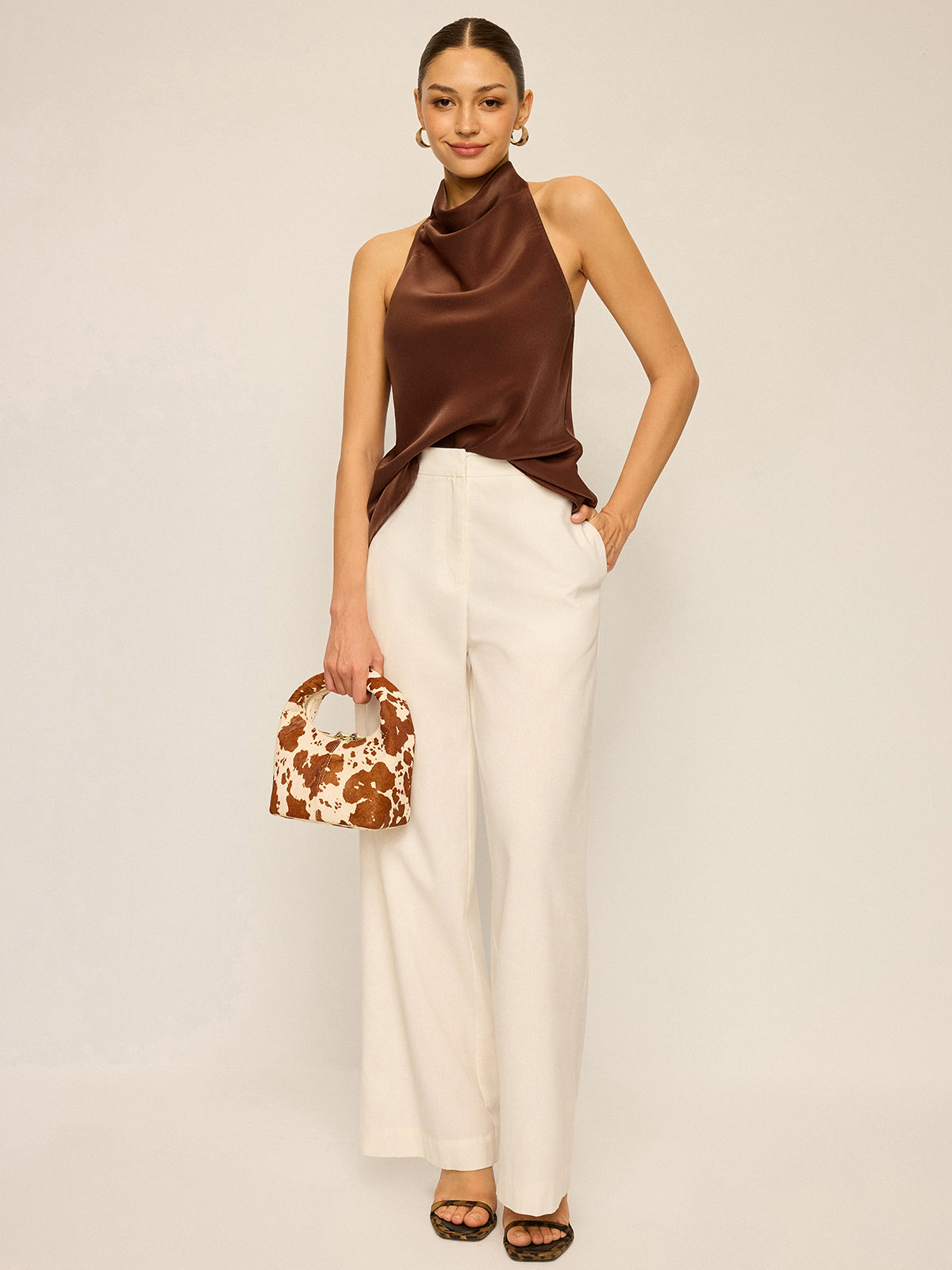 Satin Cowl Neck Halter Backless Top