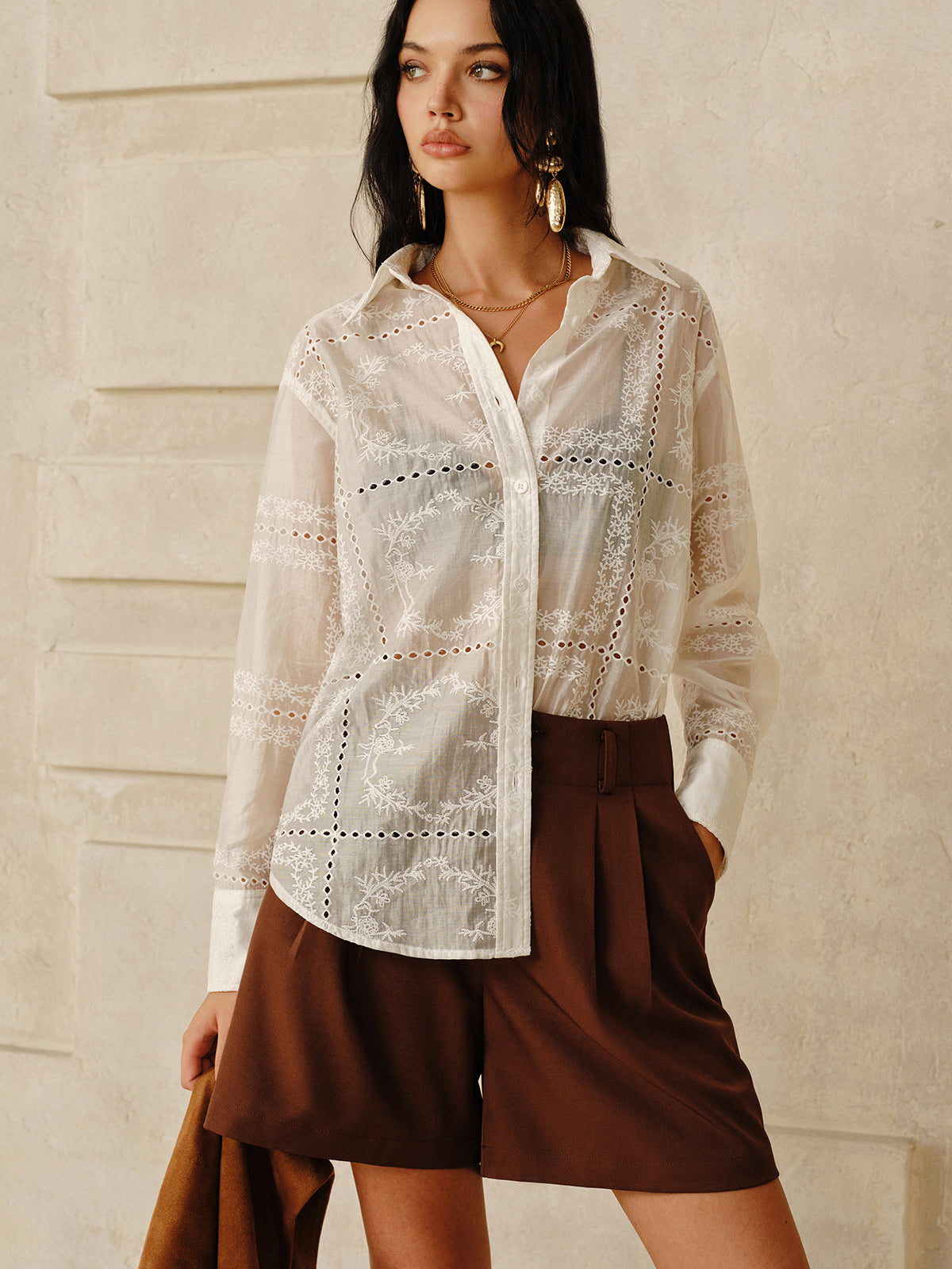 Semi-Sheer Embroidered Eyelet Shirt